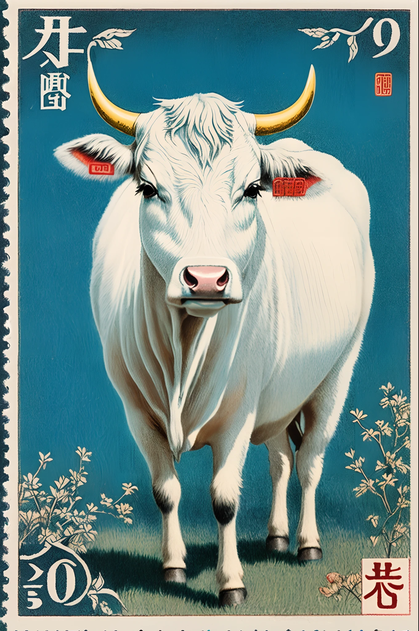 A Chinese stamp depicts a cow, In a psychedelic surrealist style, Qing dynasty, photo taken with ektachrome, Indigo and green, Japanese folk art, Bamileek Art, Otherworldly creatures