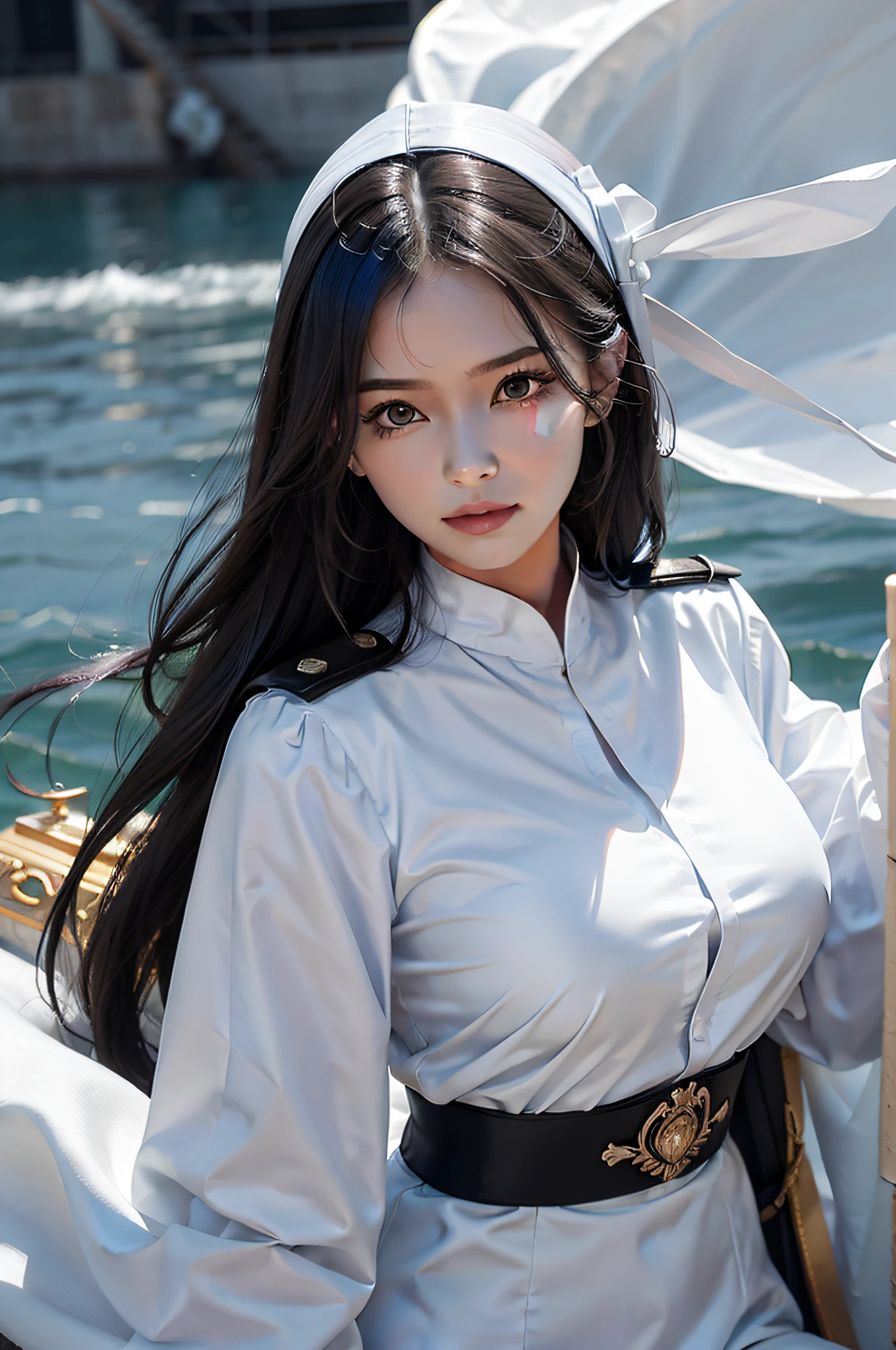 Kizi, an Quority, top-quality, big breasts beautiful, prette, The sheen,On warships, tmasterpiece,white naval uniform, Long black hair,The eyes are sharp and affectionate,Heroic brushing,A sweet smile,Fighting posture,(((guns,full armour:1.8))),white colors,(((Square face,Detailed details of the face:1.2))),(Waist belt:1.6))