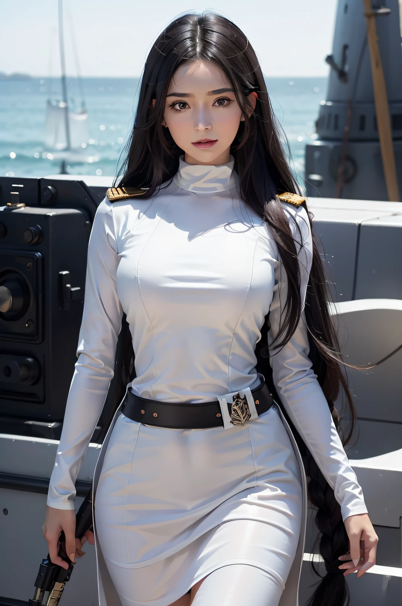Kizi, an Quority, top-quality, big breasts beautiful, prette, The sheen,On warships, tmasterpiece,white naval uniform, Long black hair,The eyes are sharp and affectionate,Heroic brushing,A sweet smile,Fighting posture,(((guns,full armour:1.8))),white colors,(((Square face,Detailed details of the face:1.2))),(Waist belt:1.6))