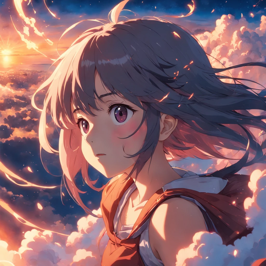 masterpiece, best quality, movie still, 1girl, cloud girl, floating in the sky, close-up, bright, happy, warm soft lighting, sunset, (sparks:0.7)