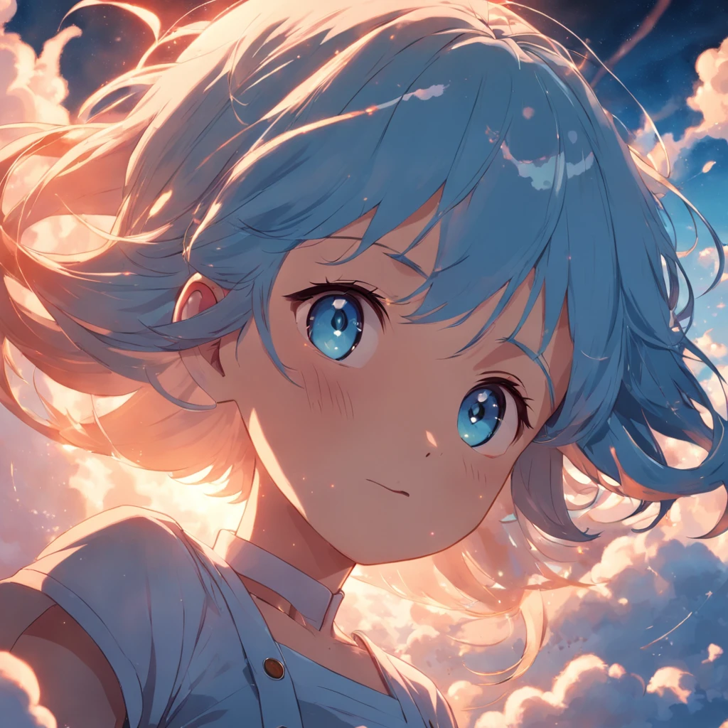 masterpiece, best quality, movie still, 1girl, cloud girl, floating in the sky, close-up, bright, happy, warm soft lighting, sunset, (sparks:0.7)