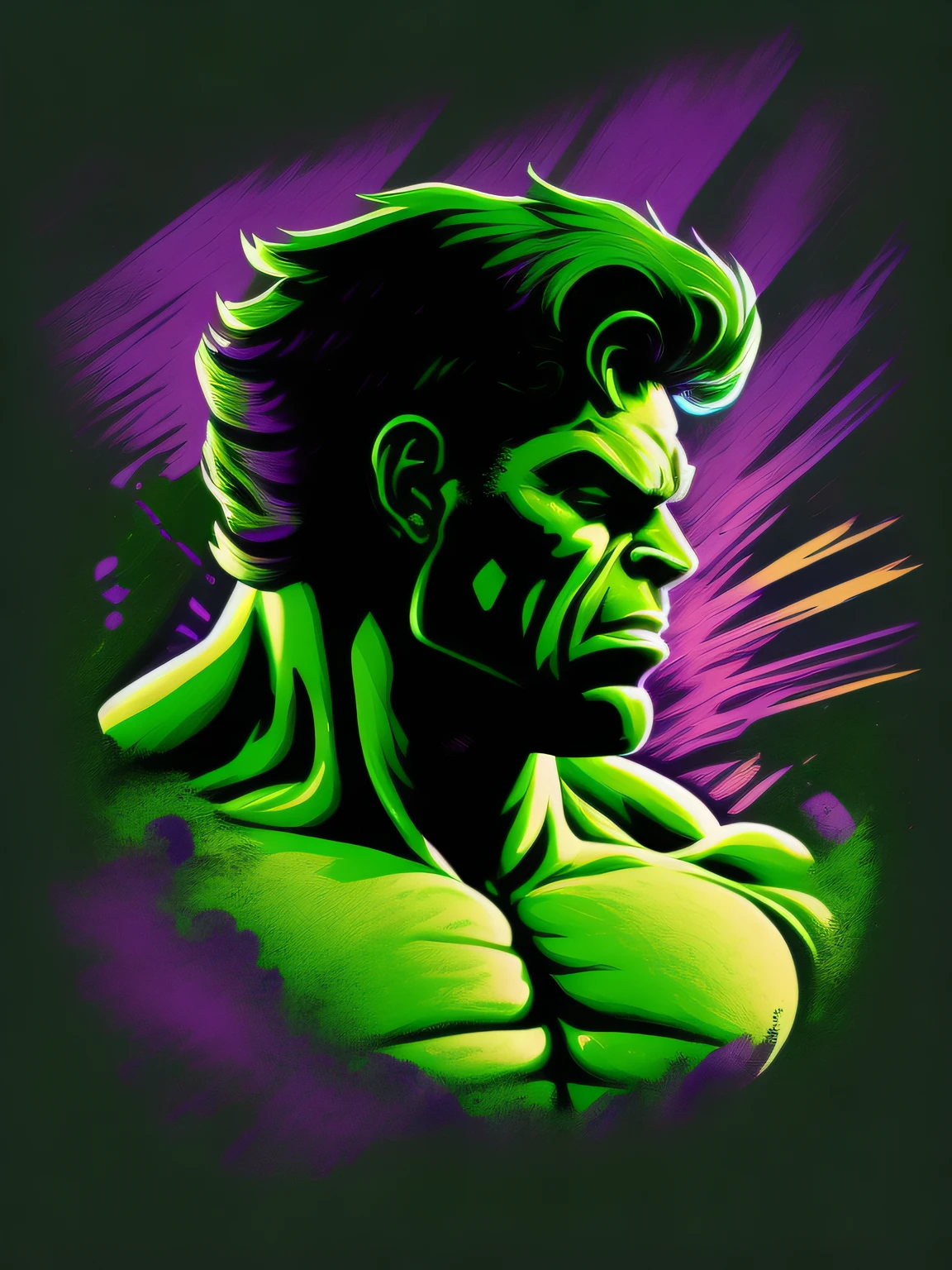 Hulk's illlustration style logo surrounded by green and purple vortex, T-shirt- design, High definition, Vibrant colors, negative space