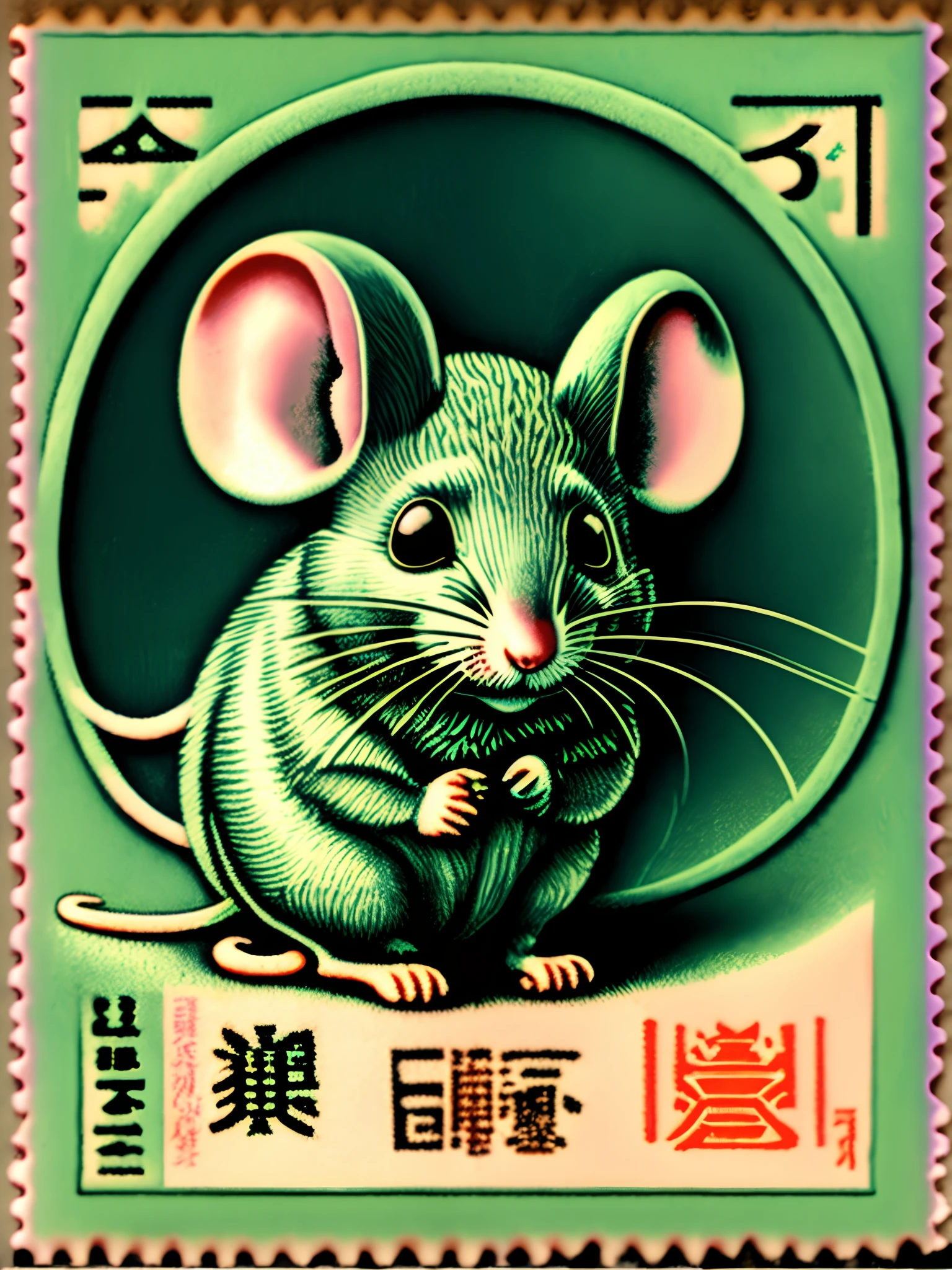 A Chinese stamp depicts a mouse, In a psychedelic surrealist style, Qing dynasty, photo taken with ektachrome, Indigo and green, Japanese folk art, Bamileek Art, Otherworldly creatures