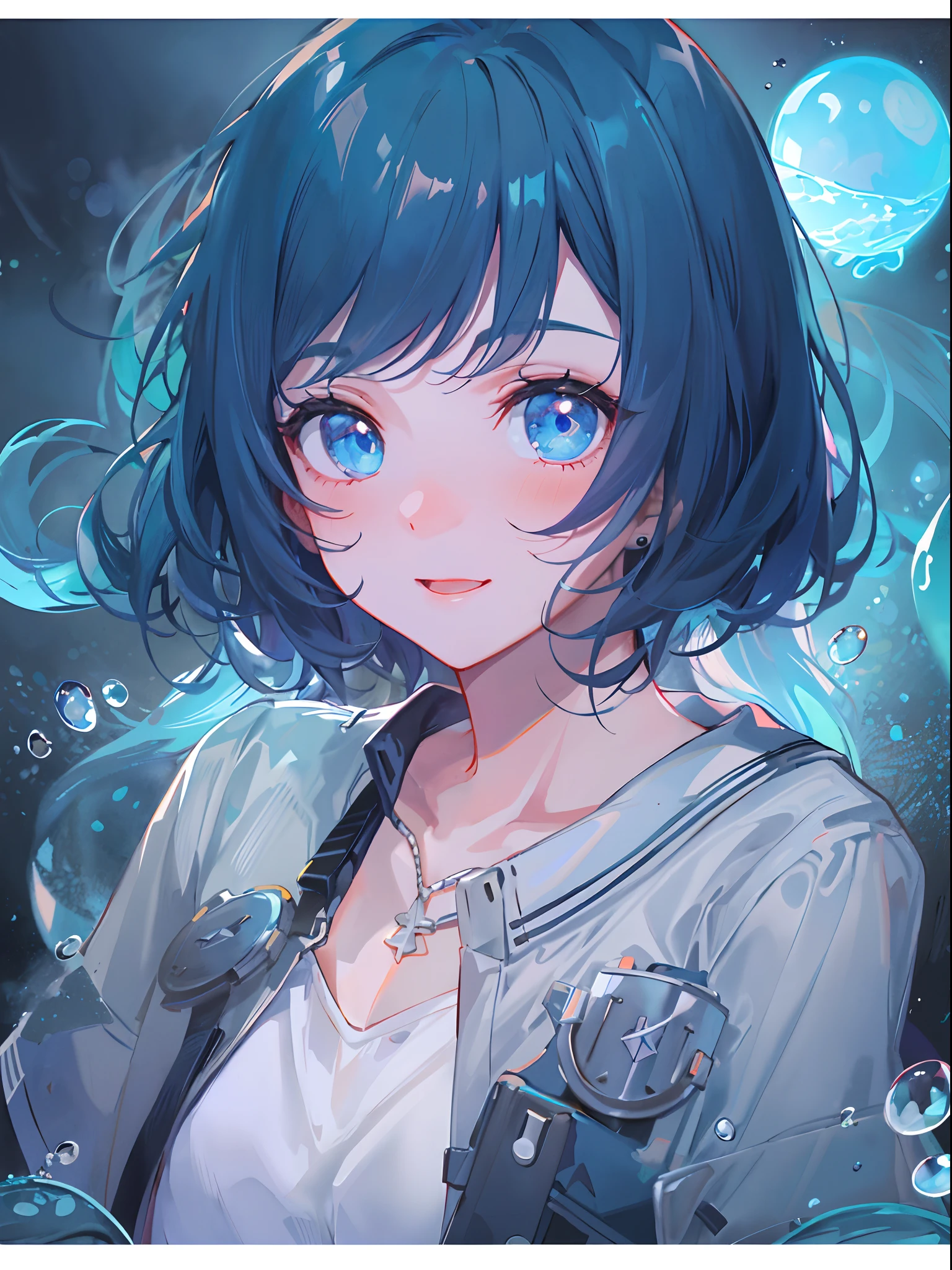 ((top-quality)), ((masterpiece)), ((ultra-detailliert)), (extremely delicate and beautiful), girl with, 独奏, cold attitude,((Black jacket)),She is very(relax)with the(Settled down)Looks,A dark-haired, depth of fields,evil smile,Bubble, under the water, Air bubble,bright light blue eyes,Inner color with light blue hair and dark blue tips,Cold background,Bob Hair - Linear Art, shortpants、knee high socks、White uniform like school uniform、Light blue ribbon ties、Clothes are sheer、Hands in pockets