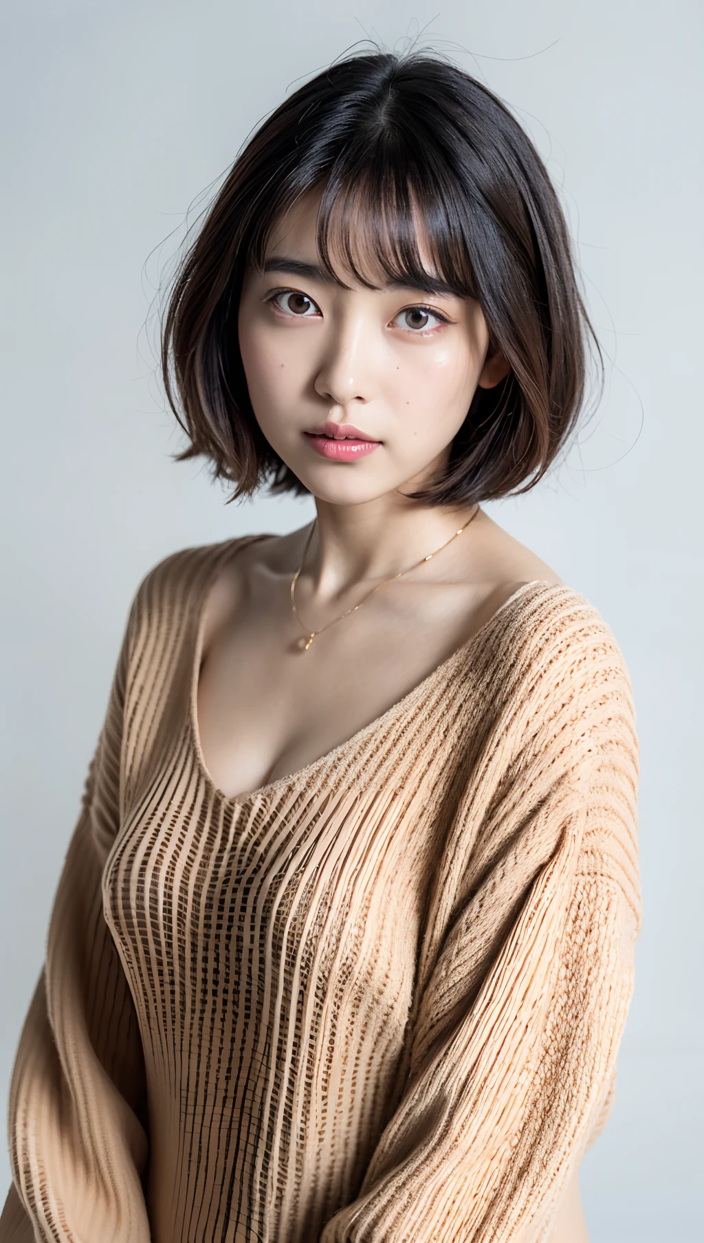 (Best quality, 8k, 32k, Masterpiece, UHD:1.2),Photo of Pretty Japanese woman, large breasts, very short bob hair,upper body,face focus,oversized_sweater, necklace, simple background, from above, looking at viewer,