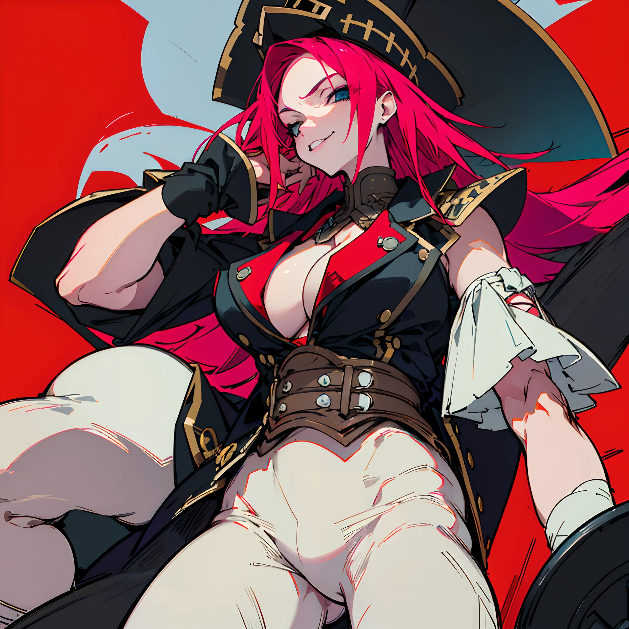 (top-quality), (masterpiece), (hight resolution), (8K), (Extreme Detail), (beautiful detail), (Detailed face), FDSTG1,Pink hair、The long-haired、blue eyess、Black Pirate Hat((Raking up your hair、One hand is on his hip)), (Vicious look、Vulgar smile), suggestive pose、Realistic fantasy rendering, Realistic anime girl rendering, (Colossal tits 、thin-waist、Big buttocks) popular in CGSTATION, 4K,highlight in eyes、red tide