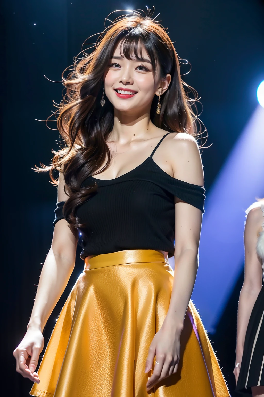 (8K分辨率,Vista full body photo,Photos above the legs),(1 female,28 year old,(Facial features of Hong Jin-young in South Korea:1.8,Wide skeletal cheeks,s delicate face,Slightly baby fat),Lovely face,com rosto detalhado,详细的脸,(Delicate Japanese makeup),Black colored eyes,(Look into the distance),Long dark red hair with slightly curly hair(Messy has layers),Redlip,Fair smooth skin,(Best Skin Type:1.21),A plump chest,(Off-the-shoulder T-shirt,(black in color),(materpiece:terylene,real silk),Short irregular skirt,Skirt that wraps hips(brown pubic fur)),Slightly chubby body,stage action,perfect hand,Ultra-fine clothing material),(Mature idol,Idol commercial performance,Exquisite details of the stage environment),(exhilarated,confident smile,Rejoice),(profesional lighting,动态照明),((Color conflicts,mature,Raised sexy,(black in color,brown pubic fur,purpleish color))),(Golden section,Cinema lenses,Dynamic shots,Hasselblad photograp,tmasterpiece:1.3),(Concert,Sexy idols,trendsetting,Artis,Art platform)