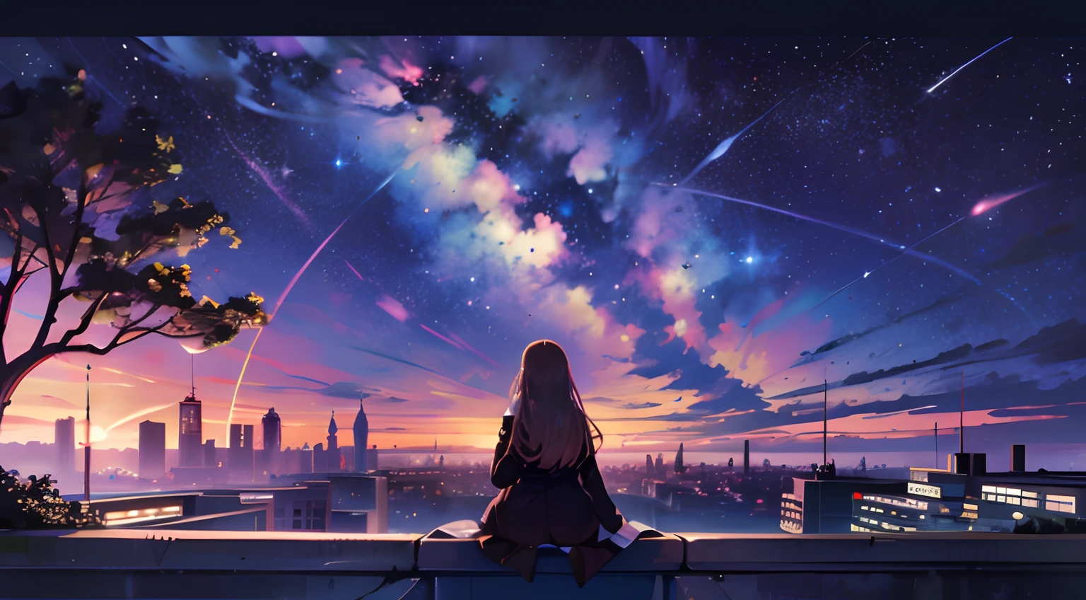 octans, sky, star (sky), scenery, starry sky, night, 1girl, night sky, solo, outdoors, building, cloud, milky way, sitting, tree, long hair, city, silhouette, cityscape