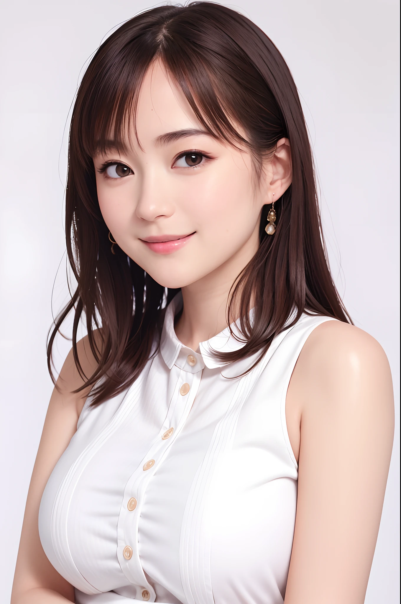 8K, Best Quality, real picture, Intricate details, Ultra-detailed, 超A high resolution, Depth Field,(Photorealistic,Realistic:1.2),masutepiece, 0.25 :: close-up , straight-on shot , from miiddle ,
1girl in, an extremely beautiful -yeld gi perfect glossy skin, flawless skin, Fair skin, Huge breasts, Narrow waist, Light blush, Solo, Looking at Viewer, lightsmile, Wearing a white blouse, Smile Face, No background, White background, (Sleeveless), Smile Face, POV