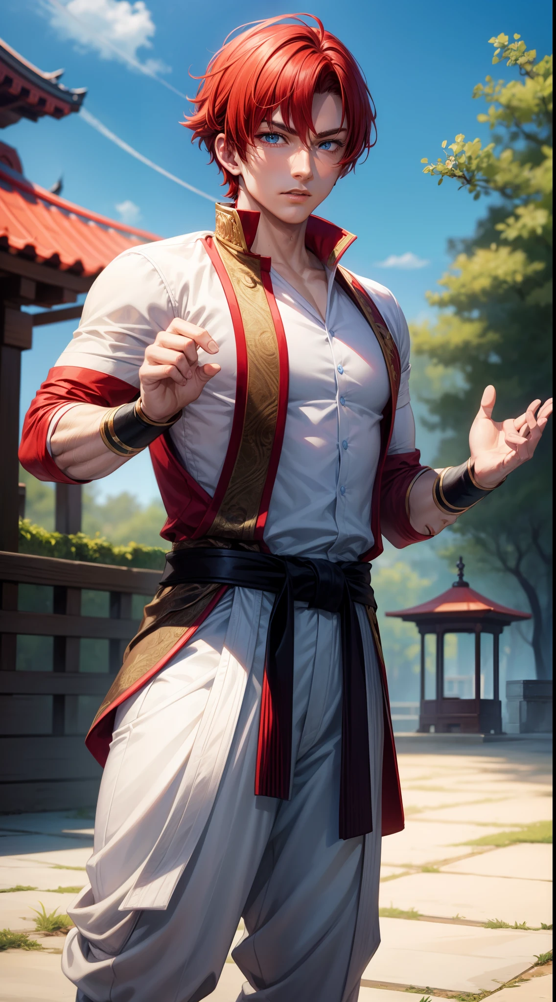 Young guy, short red hair, blue eyes, prince, martial arts, Masterpiece, hiquality