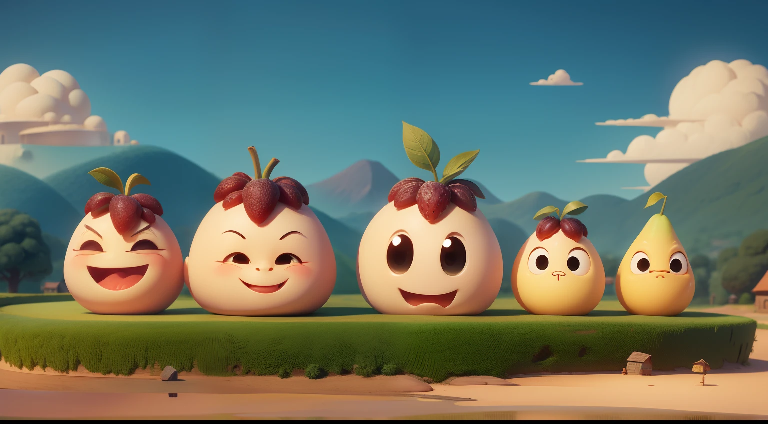 cute characters fruit shape ,A Village with background , Pixar Disney style cartoon
