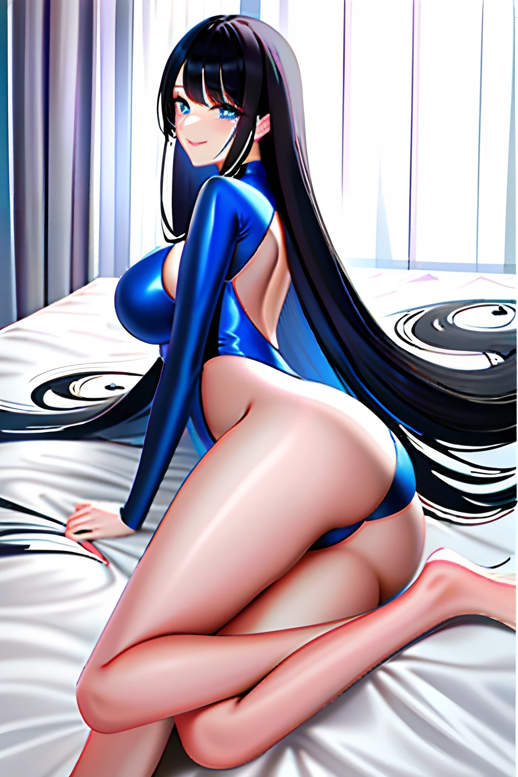 1beautiful girl,Official fine art,tmasterpiece,Sharp focus,(Beautiful, gorgeous and lovely Chinese woman:1.3),(Beautiful lovely Chinese:1.3),Chinese beauty,Delicate and beautiful hair and eyes and face,with a round face,beautiful bangs,realisticlying,ultra - detailed,a beauty girl,adolable,Sweet girl room,onbed,white bed sheet,Luminous Particle(Side light 1.7),Incandescent Lamps,mature,Slender,long leges,Full body golden ratio。Raised sexy,Big breasts and buttocks,Smile without showing your teeth((Laugh and open your eyes)),Cocked buttocks,Charming,Sexy buttocks, Dynamic hair, Long straight hair, Delicate black hair, glow blue eyes, (tightsuit)