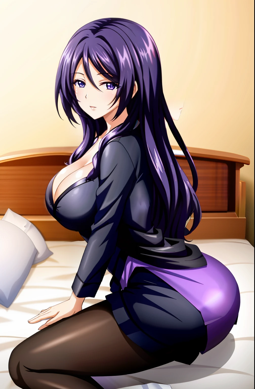 A beautiful woman,Long black hair,Perfect figure,34 years old,Wearing purple pajamas,sit on a bed,Beautiful anime woman,delicate picture quality,Super sexy scene