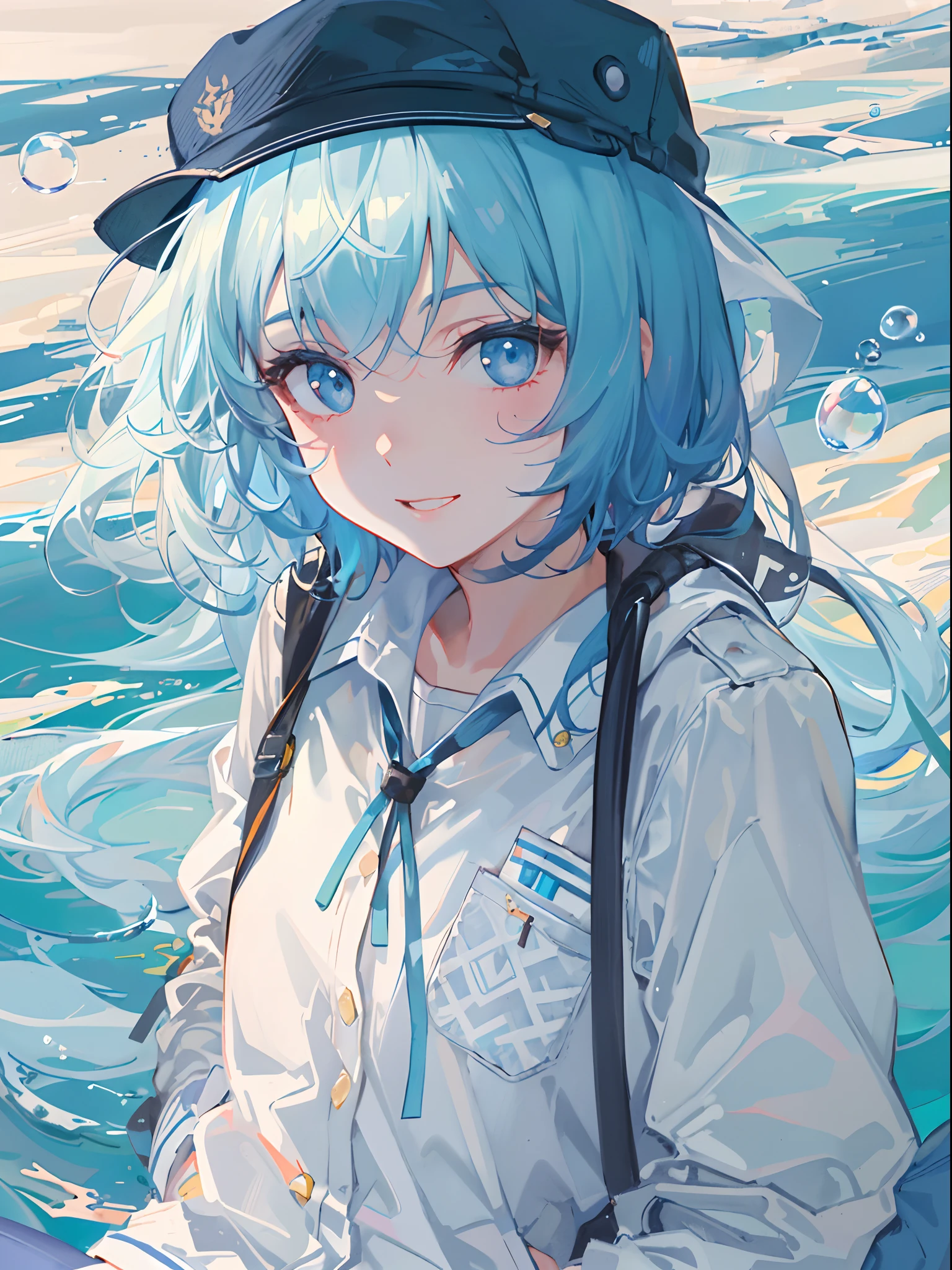 ((top-quality)), ((​masterpiece)), ((ultra-detailliert)), (extremely delicate and beautiful), girl with, 独奏, cold attitude,((Black jacket)),She is very(relax)with  the(Settled down)Looks,A dark-haired, depth of fields,evil smile,Bubble, under the water, Air bubble,bright light blue eyes,Inner color with light blue hair and dark blue tips,Cold background,Bob Hair - Linear Art, shortpants、knee high socks、White uniform like school uniform、Light blue ribbon ties、Clothes are sheer、Hands in pockets