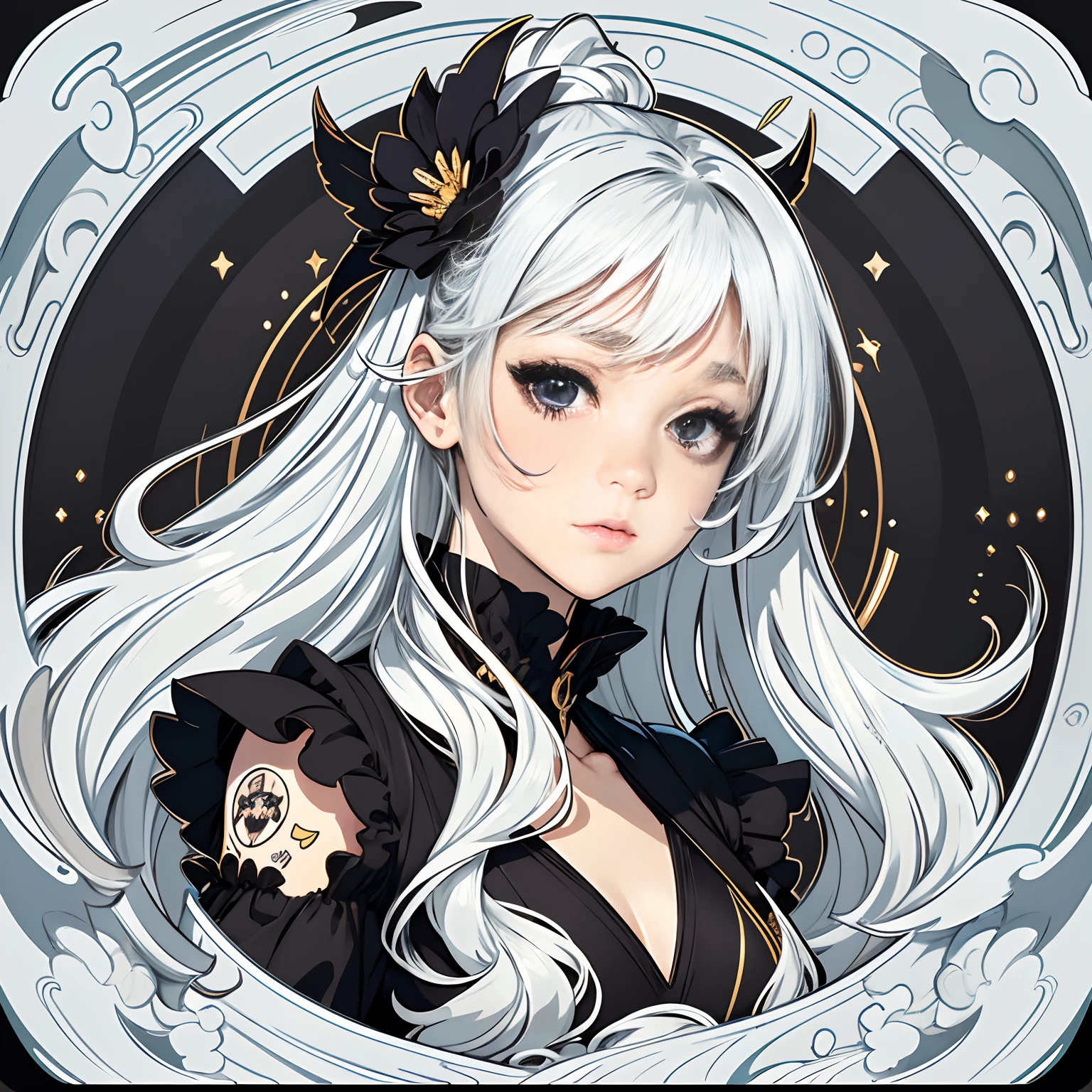 Sticker, Cute anime girl head, Silver-white long hair styling,Deep purple eyes，Cute black dress，in circle, White background, golden，Simple, Ultra detailed, Detailed drawing, vectorised, Silhouette, 8K, professional sticker design, Flat design, Vector lines, Sticker, Drawing, Drawing, Full-HD