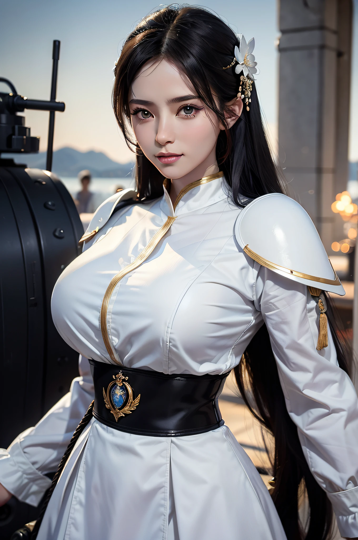 1girl, full body, mliky skin, adorable, young, best quality, masterpiece, chinese female,bangs,  bodysuit, armor, warrior, large breasts, breasts out, (masterpiece,best quality,ultra_detailed,highres,absurdres:1.2)   <lora:Sanguo_v11:0.8>   <lora:Nuomeizi v1 :0.8>  <lora:KnightT:0.8>