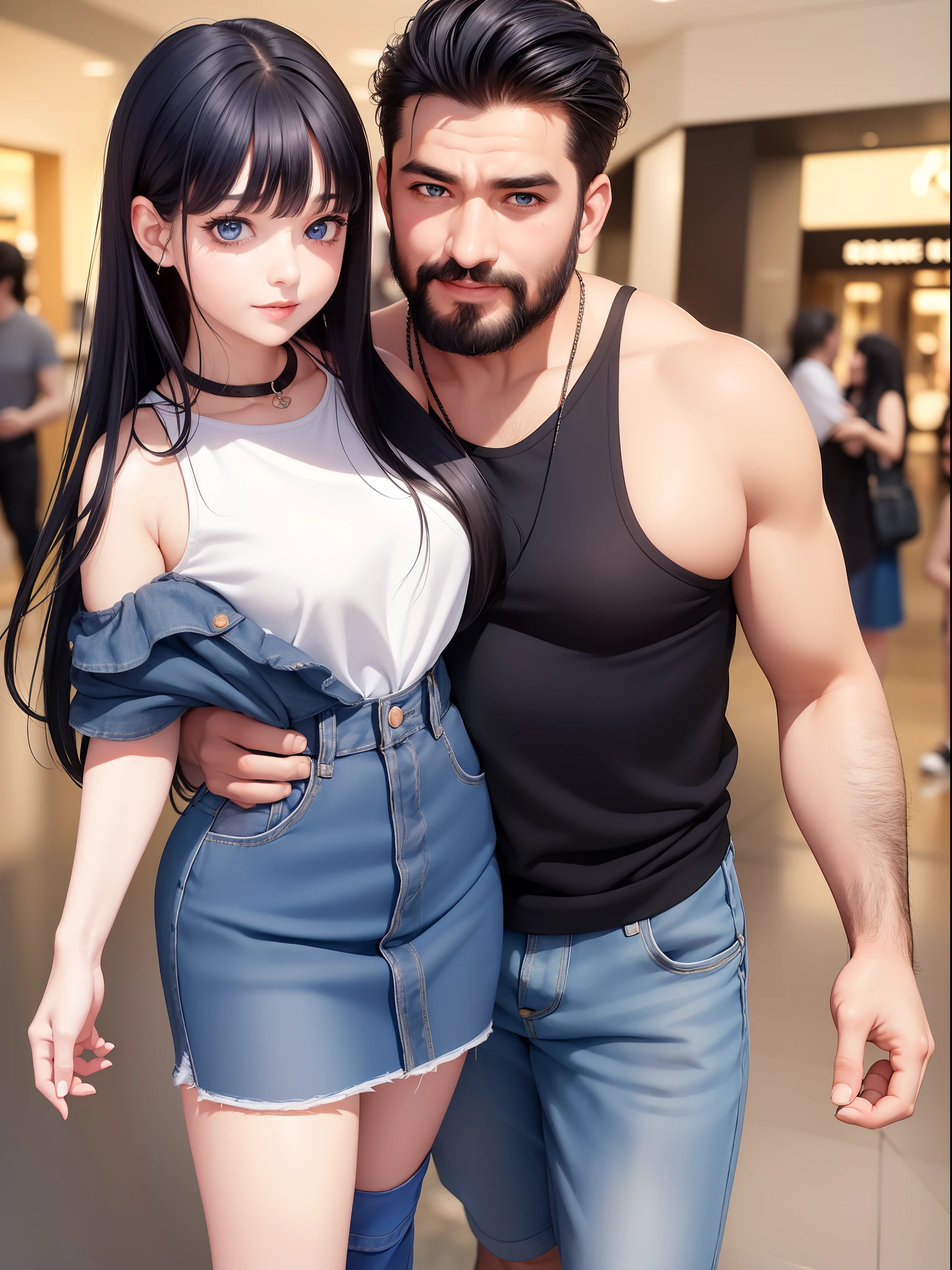 masterpiece, absurdres, vibrant, ((father and daughter hugging each other)), (daughter, ite female, long black hair with bangs, blue eyes, oval face, smile, small breast:1.2, off-shoulder top, skirt, string heels), (father, tall mature male, black hair and beard, sleeveless shirt, blue jeans, sneakers), inside a mall