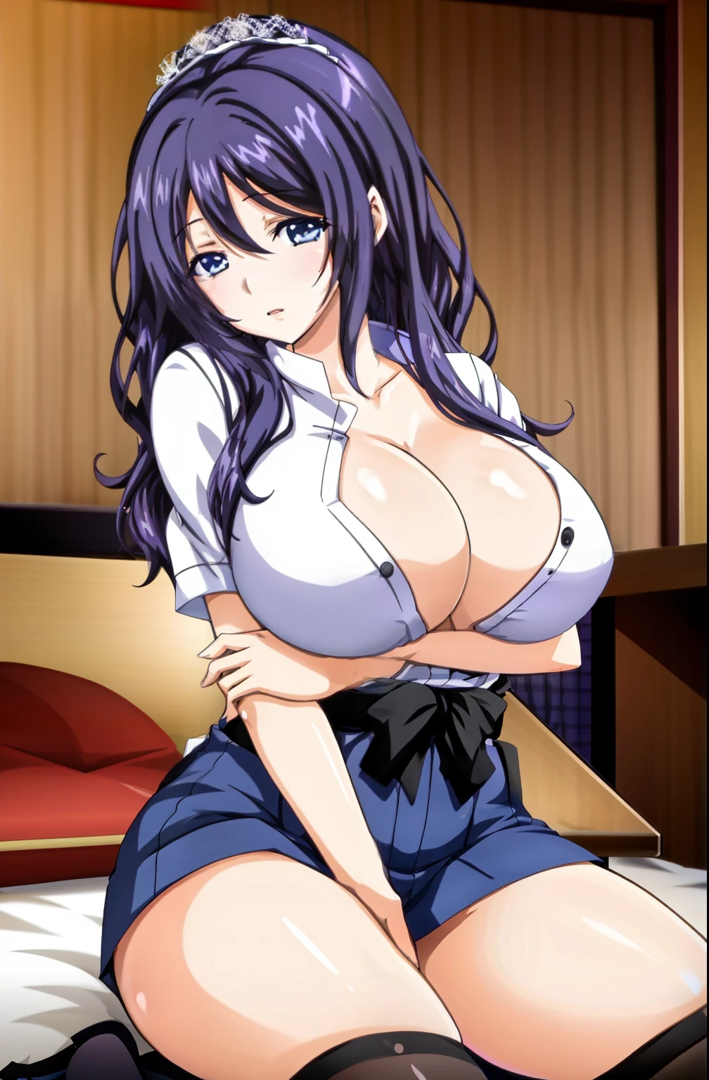 anime girl with long black hair sitting on a bed, hyuga hyuga, seductive anime girls, kotegawa yui, hanayamata, oppai, the breasts are large, the anime girl is crouching, shikamimi, With large breasts, nagatoro, shirabii, beautiful anime girl crouching, beautiful and seductive anime woman