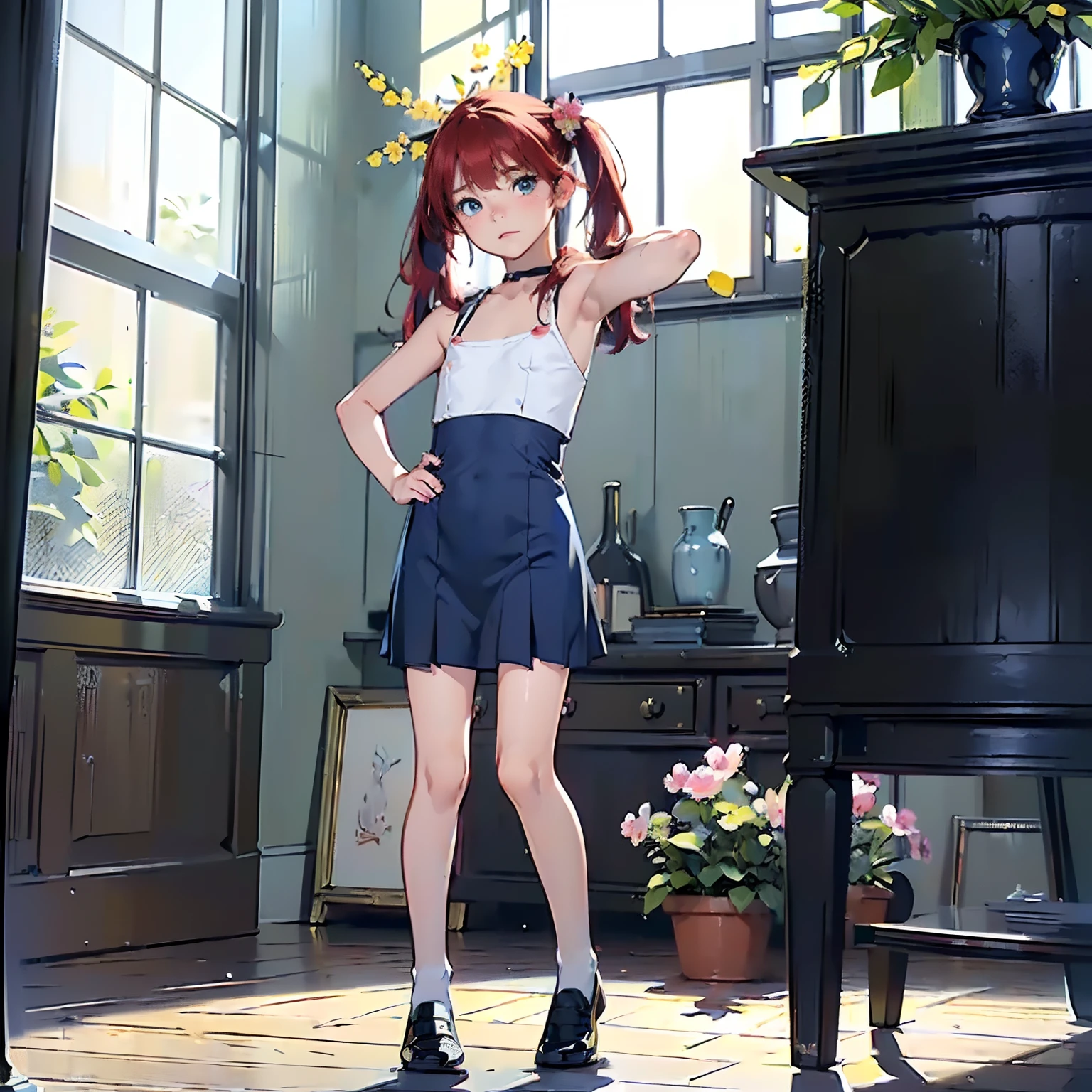 (masterpiece, 4k ,ultra detailed:1.2),(beautiful face:1.2),(anime:1.2),illustration,(solo:1.2),(looking at viewer:1.4),portrait,(supermodel:1.3),(blue school uniform:1.3),(red hair),****,(simple choker:1.1),(yellow panties),(string,abs,smartphone,child,small breasts,petite:1.1),(sfw,nipple,flat chest,un dress,:1.4),(from below),(full body:1.2),(flower hair ornament)