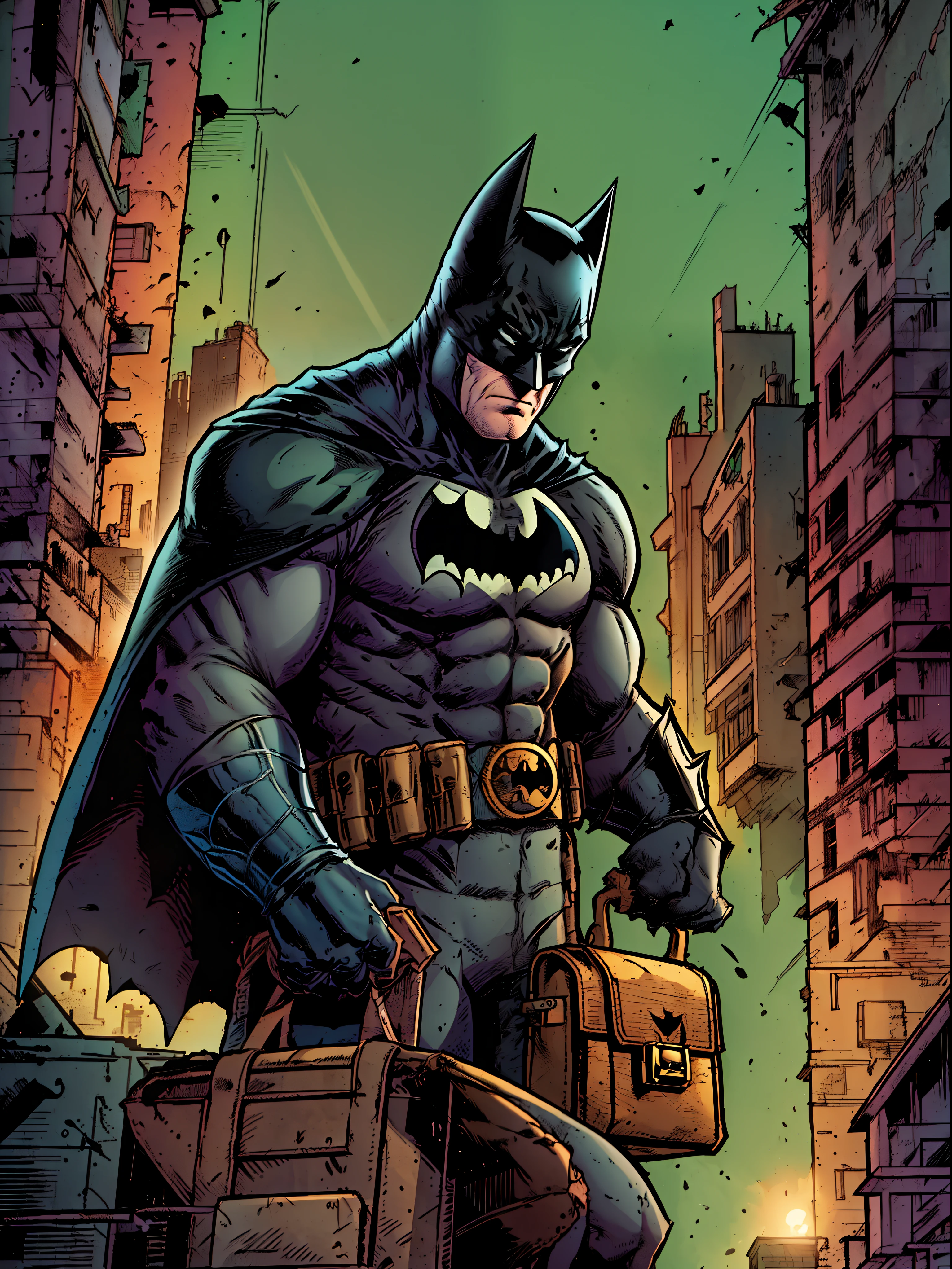 Close-up, Batman confidently stands atop the towering buildings of Gotham City, displaying his unparalleled vigilante abilities. Gripping a mysterious gucci bags in his two hands, he meticulously examines its contents.