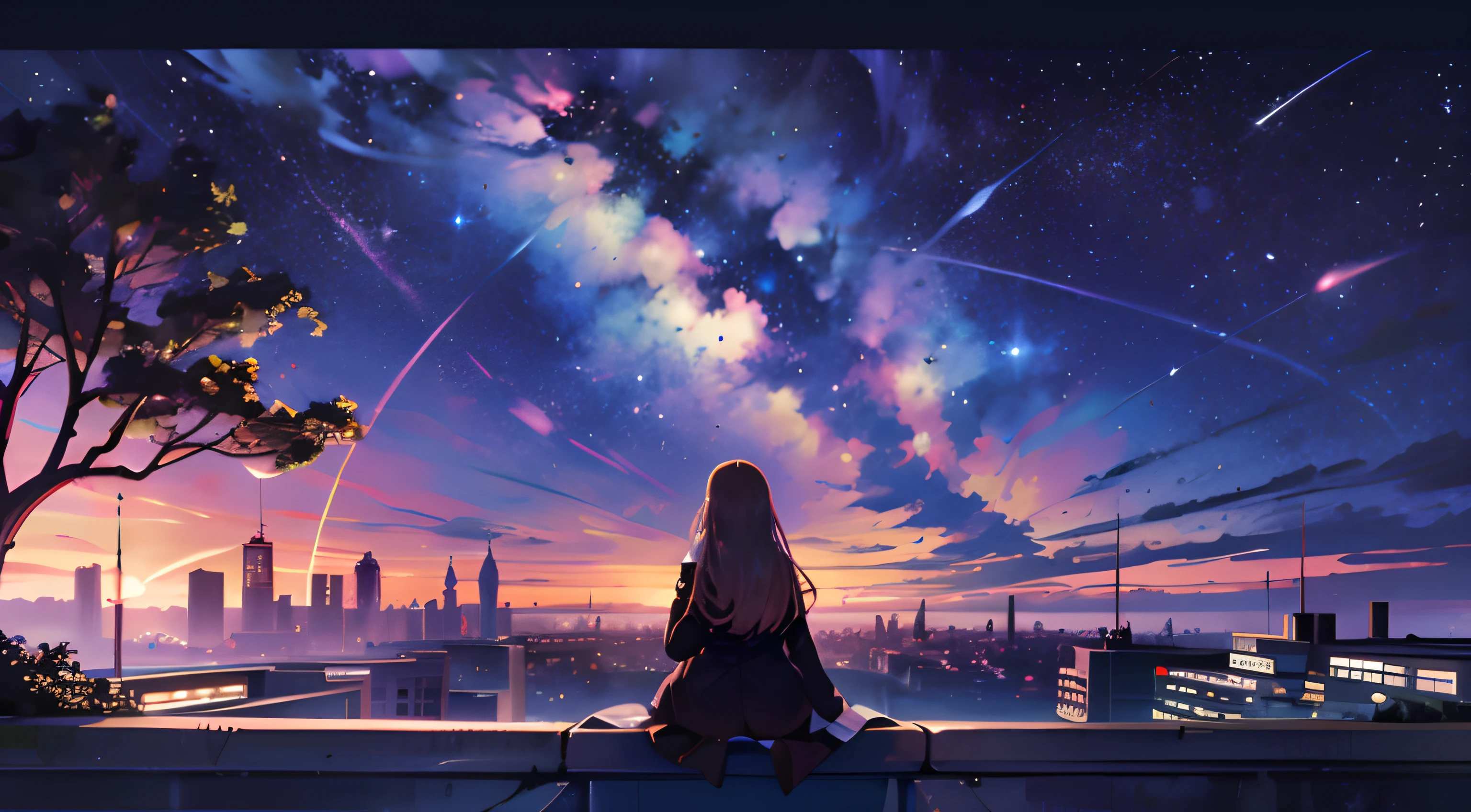 octans, sky, star (sky), scenery, starry sky, night, 1girl, night sky, solo, outdoors, building, cloud, milky way, sitting, tree, long hair, city, silhouette, cityscape