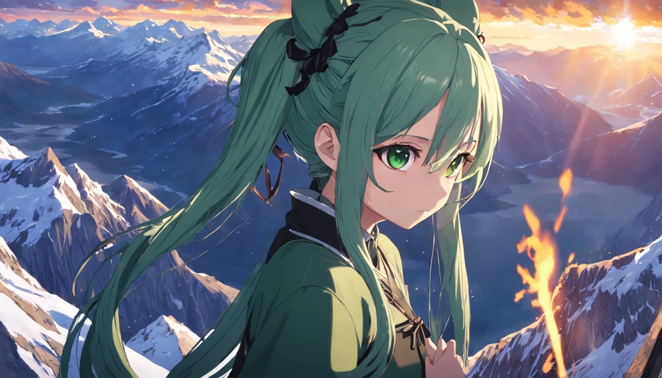 Make it an anime，（nmasterpiece，top Quority，top-quality，offcial art，Beauty and aesthetics：1.2），ighly detailed，best detailed，（Snowy mountains in the background：1.5）,(One girl），Has a small，（Green hair，only thick braids,,,,,,:1.7），（Shining eyes），(Enchanted)，（Black Maid Outfit）,lighting on the face