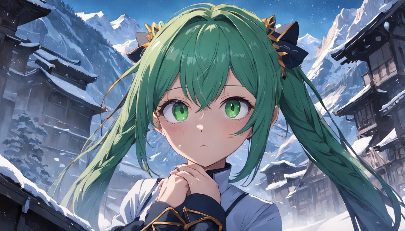 Make it an anime，（nmasterpiece，top Quority，top-quality，offcial art，Beauty and aesthetics：1.2），ighly detailed，best detailed，（Snowy mountains in the background：1.5）,(One girl），Has a small，（Green hair，only thick braids,,,,,,:1.7），（Shining eyes），(Enchanted)，（Black Maid Outfit）,lighting on the face