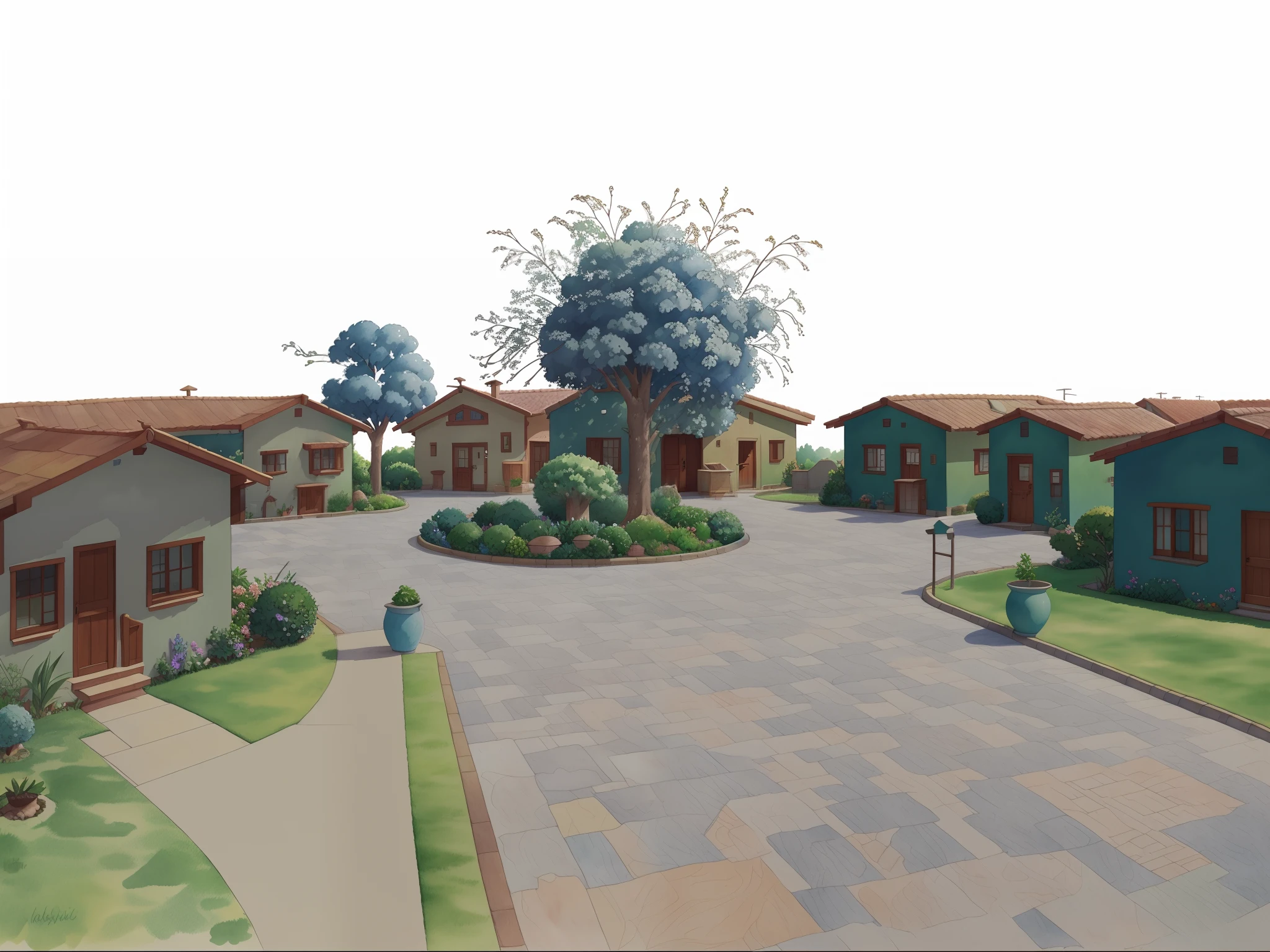 There is a rendering of a courtyard with a tree and a building, residential area, Barycentric subdivision, Watercolor illustration, pintura aquarela, pequena aldeia, casas pequenas, Village Square, Casas, Complex watercolor rendering, Complex watercolor rendering, imagem 3d, Arremesso longo, Model illustration drawing, conceptual rendering, Studio Ghibli style illustrations, Small buildings, blue skies, nuvens brancas