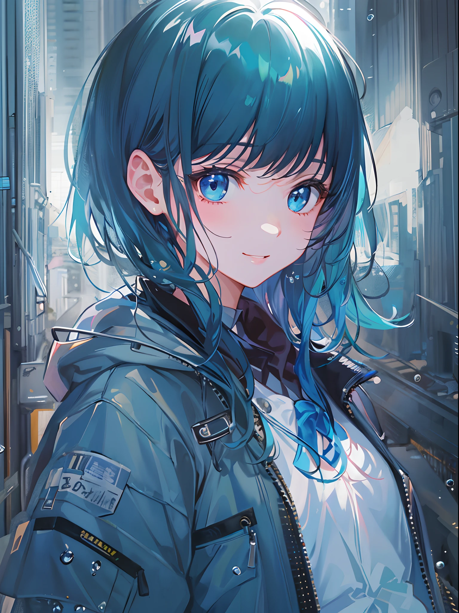 ((top-quality)), ((masterpiece)), ((ultra-detailliert)), (extremely delicate and beautiful), girl with, 独奏, cold attitude,((Black jacket)),She is very(relax)with the(Settled down)Looks,A dark-haired, depth of fields,evil smile,Bubble, under the water, Air bubble,bright light blue eyes,Inner color with light blue hair and dark blue tips,Cold background,Bob Hair - Linear Art, shortpants、knee high socks、White uniform like school uniform、Light blue ribbon ties、Clothes are sheer、Hands in pockets