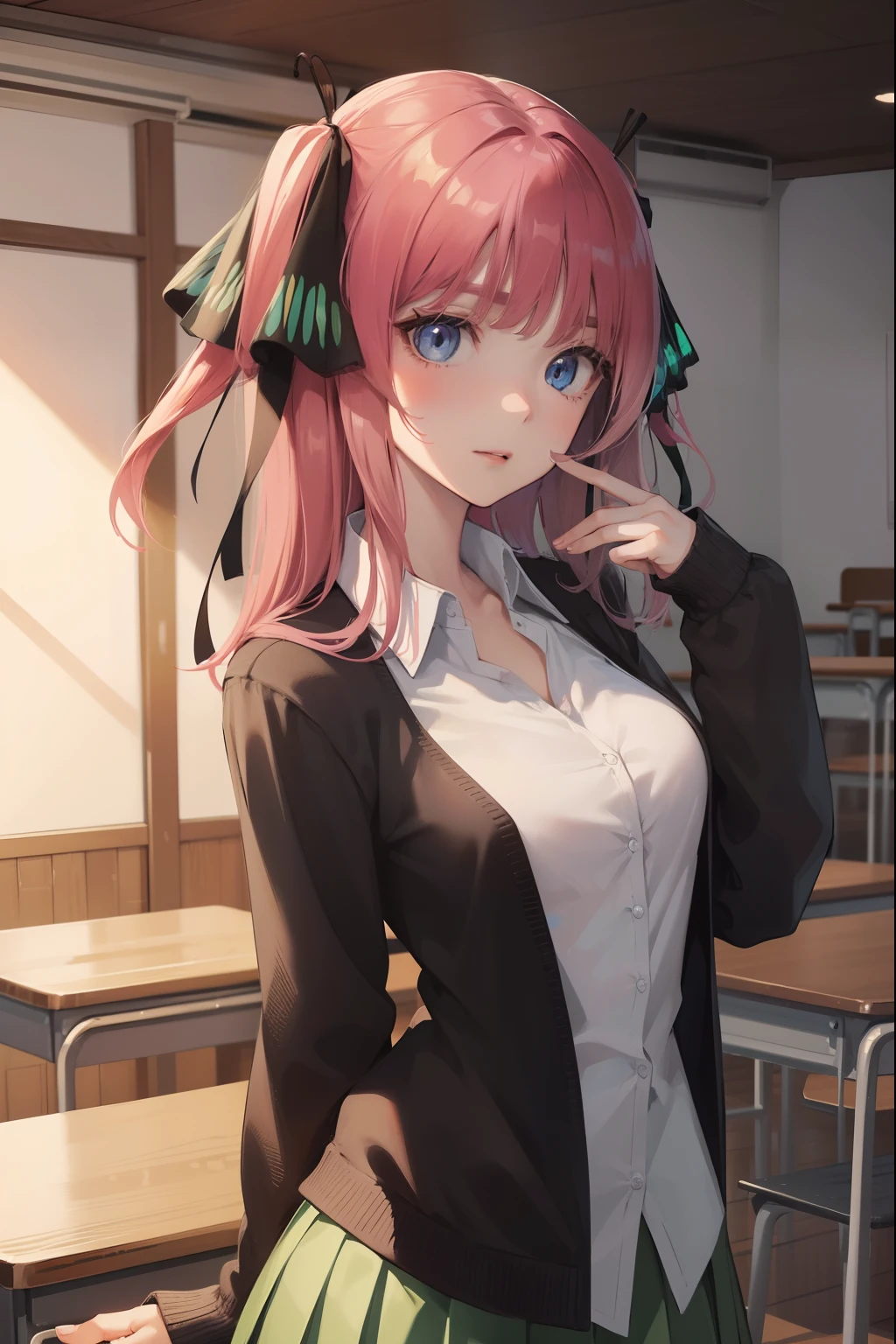 ninonakano, nino nakano, long hair, bangs, blue eyes, hair ornament, hair ribbon, pink hair, blunt bangs, two side up, butterfly hair ornament,
BREAK skirt, shirt, long sleeves, white shirt, pleated skirt, open clothes, collared shirt, sleeves past wrists, dress shirt, cardigan, green skirt, open cardigan, black cardigan,,
BREAK indoors, classroom, school,
BREAK looking at viewer, BREAK (masterpiece:1.2), best quality, high resolution, unity 8k wallpaper, (illustration:0.8), (beautiful detailed eyes:1.6), extremely detailed face, perfect lighting, extremely detailed CG, (perfect hands, perfect anatomy),
