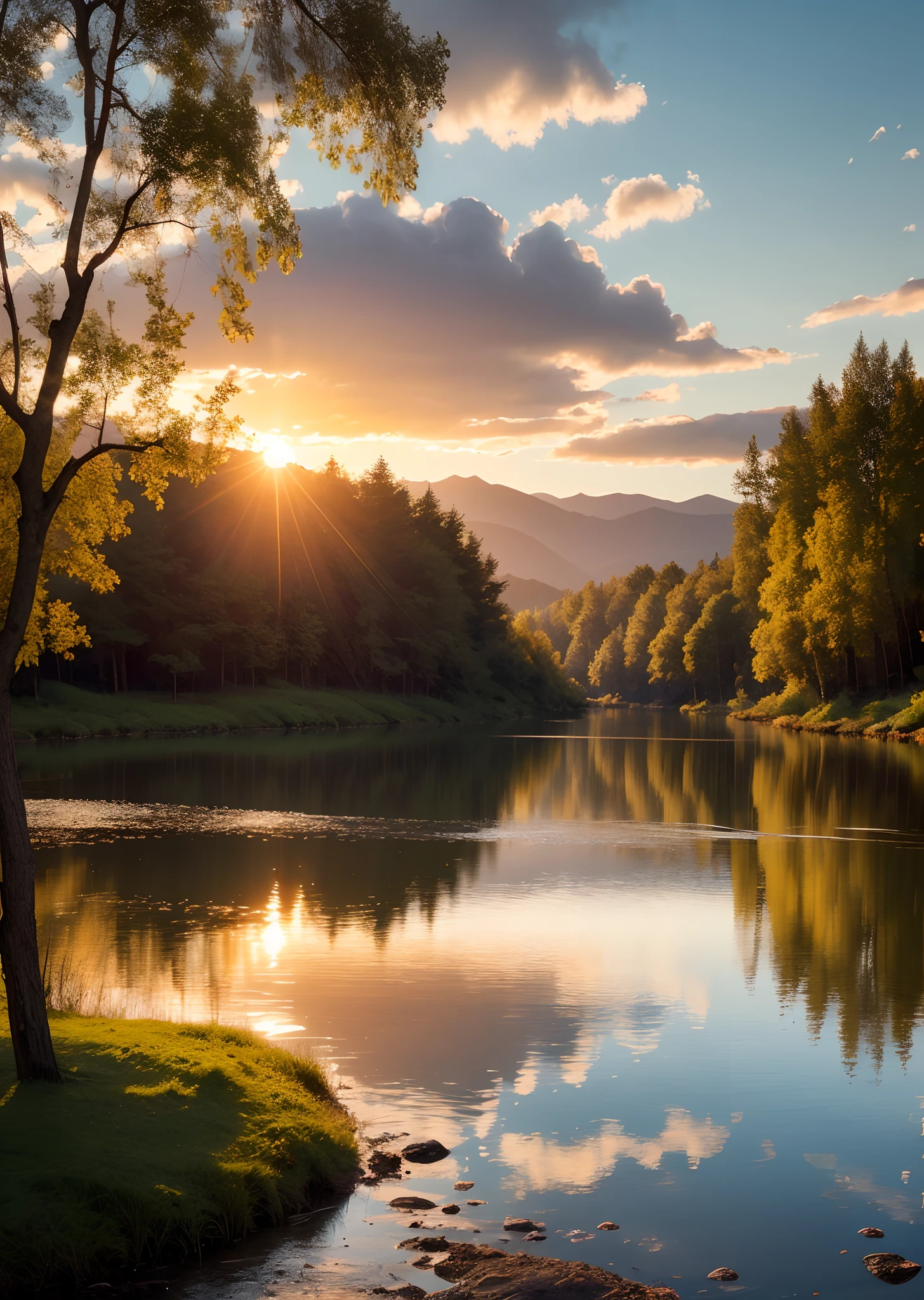 1 girl, serene expression, mesmerizing eyes, straight long hair, flowing dress, poised posture, porcelain skin, subtle blush, crystal pendant BREAK golden hour, (rim lighting):1.2, warm tones, sun flare, soft shadows, vibrant colors, painterly effect, dreamy atmosphere BREAK scenic lake, distant mountains, willow tree, calm water, reflection, sunlit clouds, peaceful ambiance, idyllic sunset, ultra detailed, official art, unity 8k wallpaper , zentangle, mandala