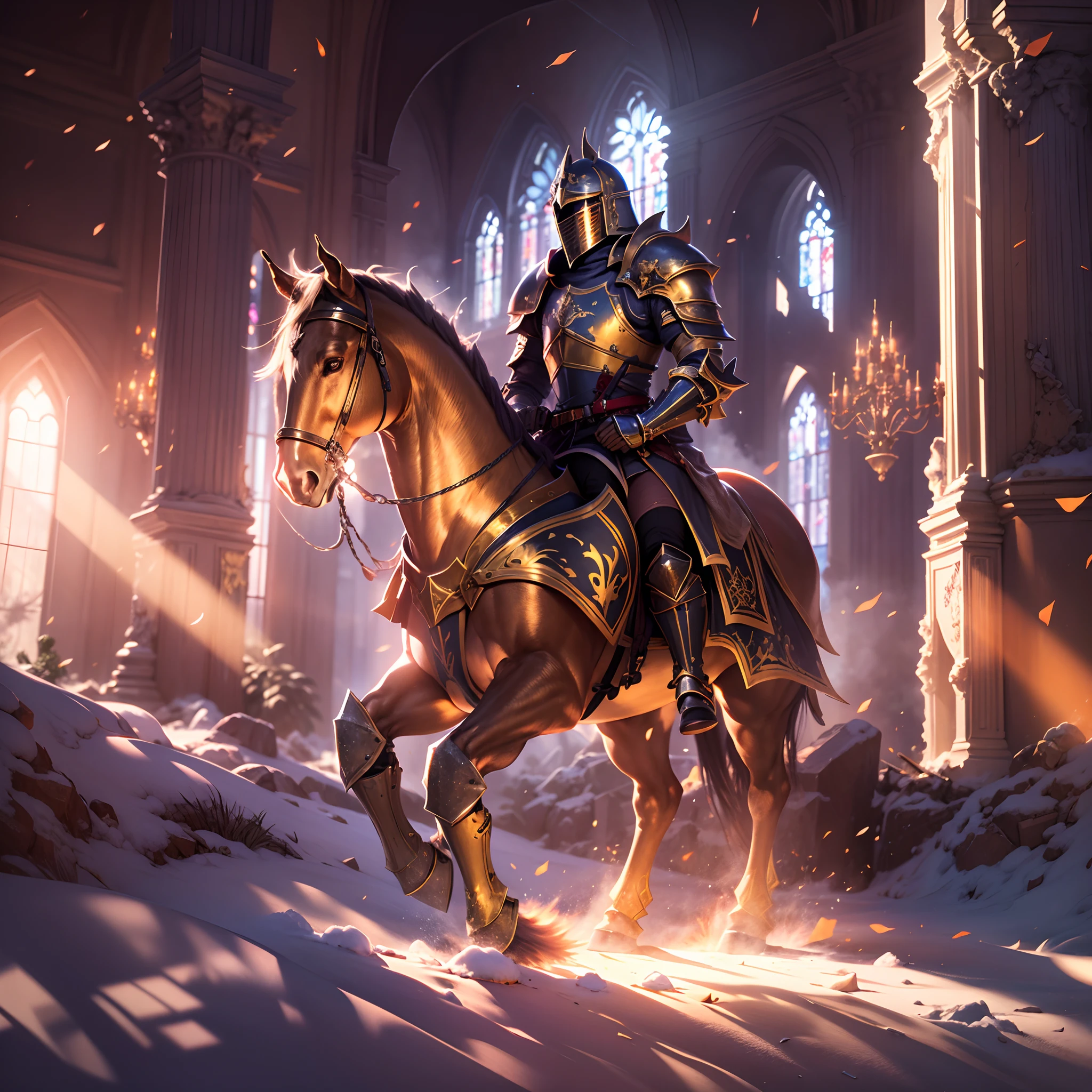 detailed light, cinematic lighting, lens flare, light leaks, sunlight , shine , beautiful detailed glow,Paladin,The Holy Knight,Gold armor,Black steed,Go forward,Battle flags on high,holy ring,Ruins,The flames soared into the sky,high saturation,from side,Studio lighting,cinematic lighting,in winter