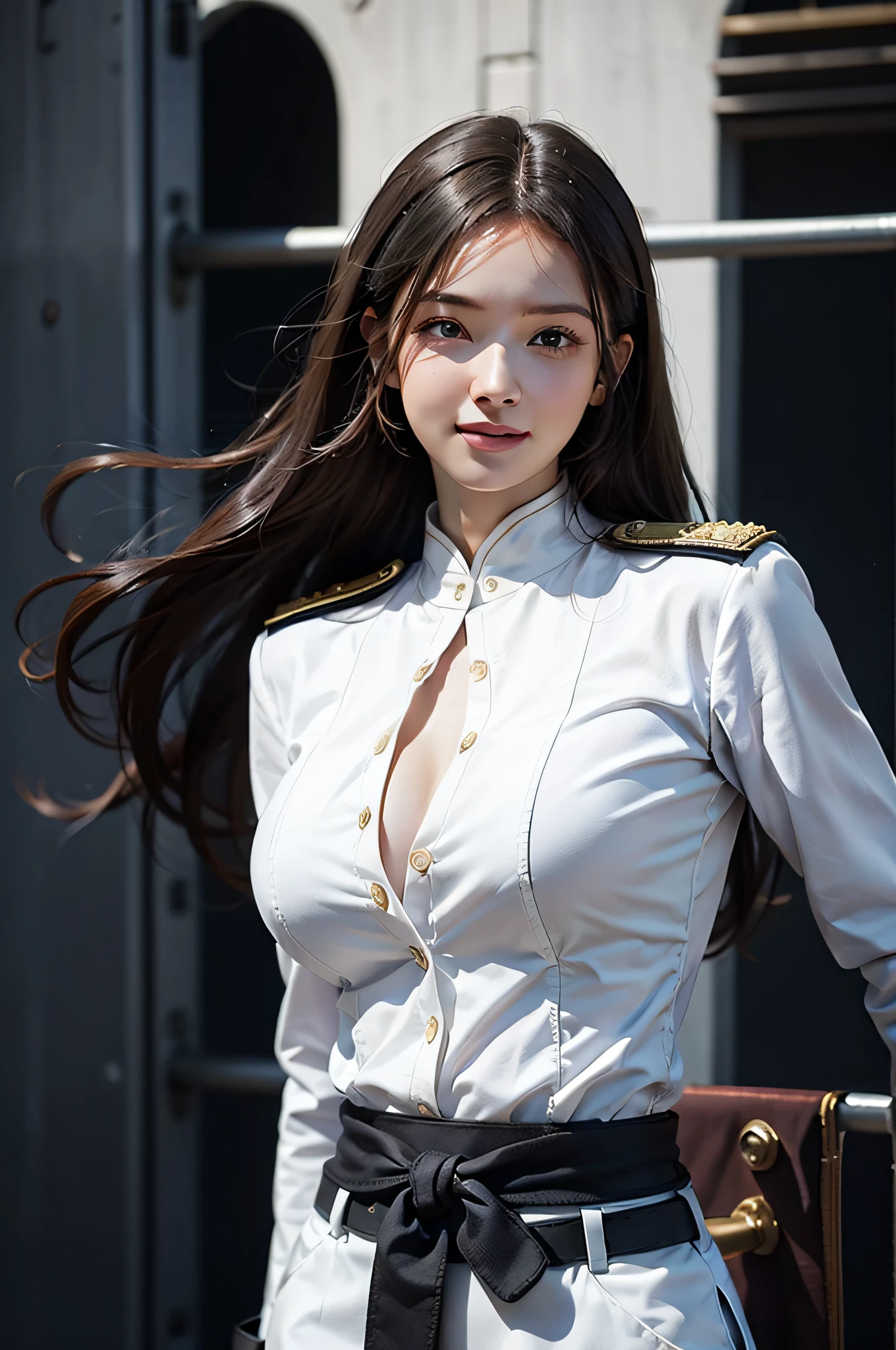 Kizi, an Quority, top-quality, big breasts beautiful, prette, The sheen,On warships, tmasterpiece,white naval uniform, Long black hair,The eyes are sharp and affectionate,A sweet smile,Fighting posture,(((Collar,guns,full armour:1.8))),white colors,(((detail in face:1.2))),(()(White belt at waist:1.6))