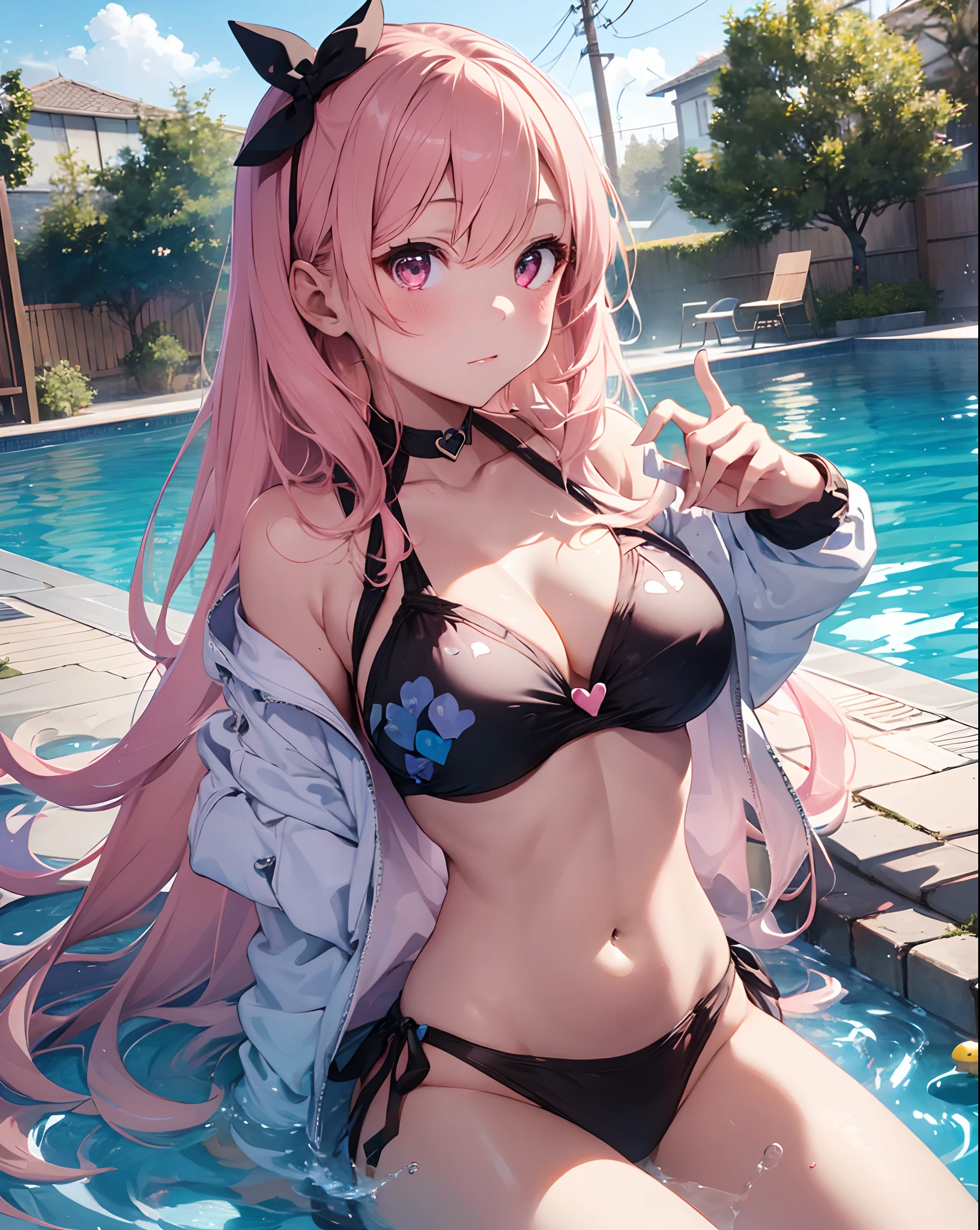 Two girls putting their hands on their chests、Super long hair、Farbe々Bikini with a pattern、blonde and pink hair、Create a heart shape with a heart-shaped effect for viewers):1.5、Pool on glittering background