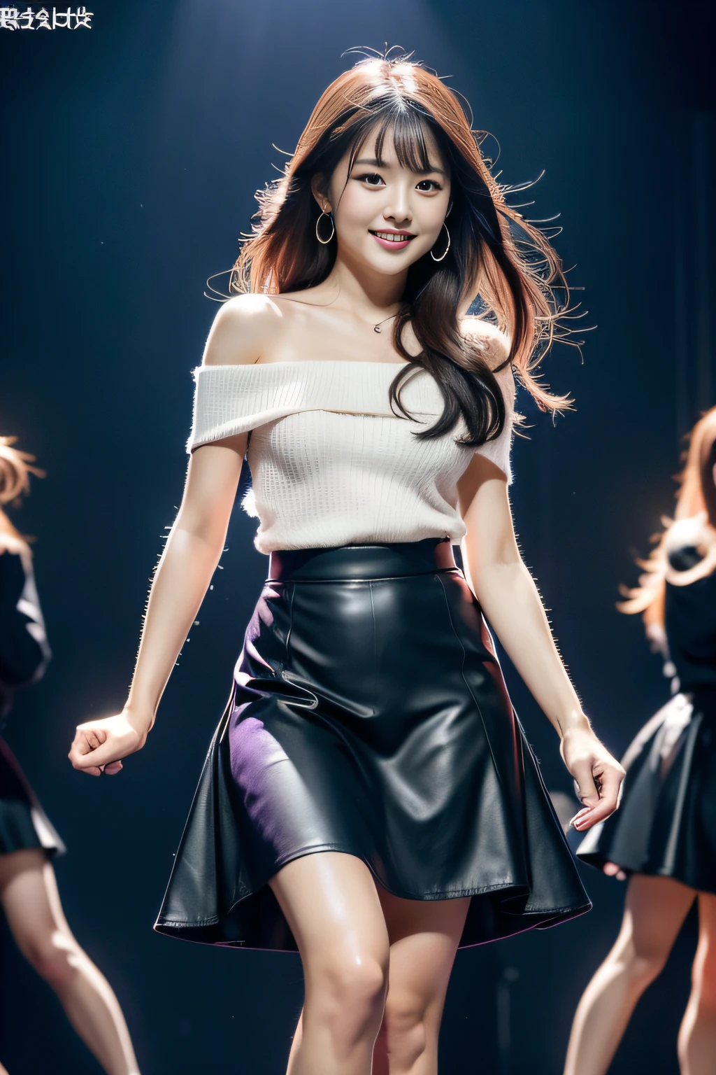 (8K分辨率,Vista full body photo,Photos above the legs),(1 female,28 year old,(Facial features of Hong Jin-young in South Korea:1.8,Wide skeletal cheeks,s delicate face,Slightly baby fat),Lovely face,com rosto detalhado,详细的脸,(Delicate Japanese makeup),Black colored eyes,(Look into the distance),Long dark red hair with slightly curly hair(Messy has layers),Redlip,Fair smooth skin,(Best Skin Type:1.21),A plump chest,(Off-the-shoulder T-shirt,(black in color),(materpiece:terylene,real silk),Short irregular skirt,High-rise hip skirt(brown pubic fur)),Slightly chubby body,stage action,perfect hand,Ultra-fine clothing material),(Mature idol,Idol commercial performance,Exquisite details of the stage environment),(exhilarated,confident smile,Rejoice),(profesional lighting,动态照明),((Color conflicts,mature,Raised sexy,(black in color,brown pubic fur,purpleish color))),(Golden section,Cinema lenses,Dynamic shots,Hasselblad photograp,tmasterpiece:1.3),(Concert,Sexy idols,trendsetting,Artis,Art platform)
