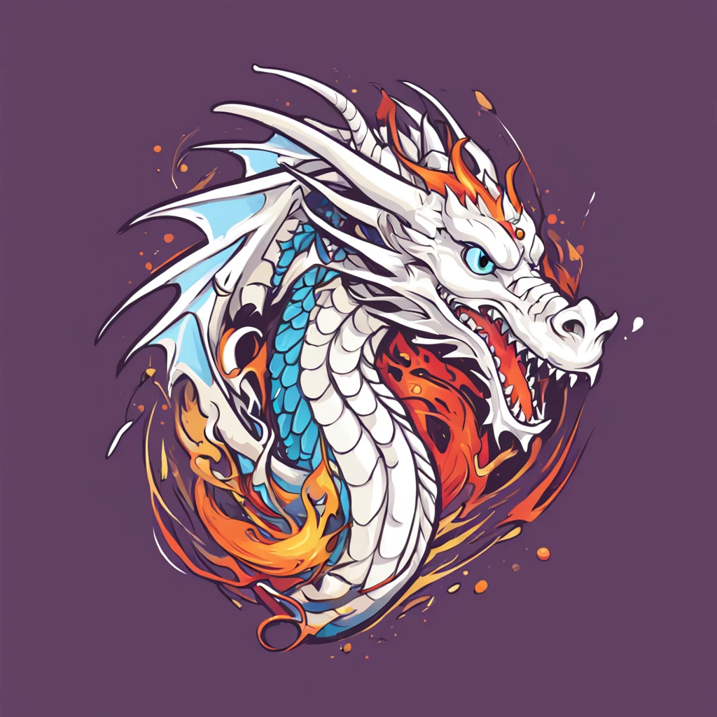 ::style vetor, vectorized logo of a white dragon, logo em (((formato arredondado))), vivid colors, contornos e fundos brancos, chamas em volta do logo ::n_style fundo da imagem, deformations in the logo, cartoon, anime