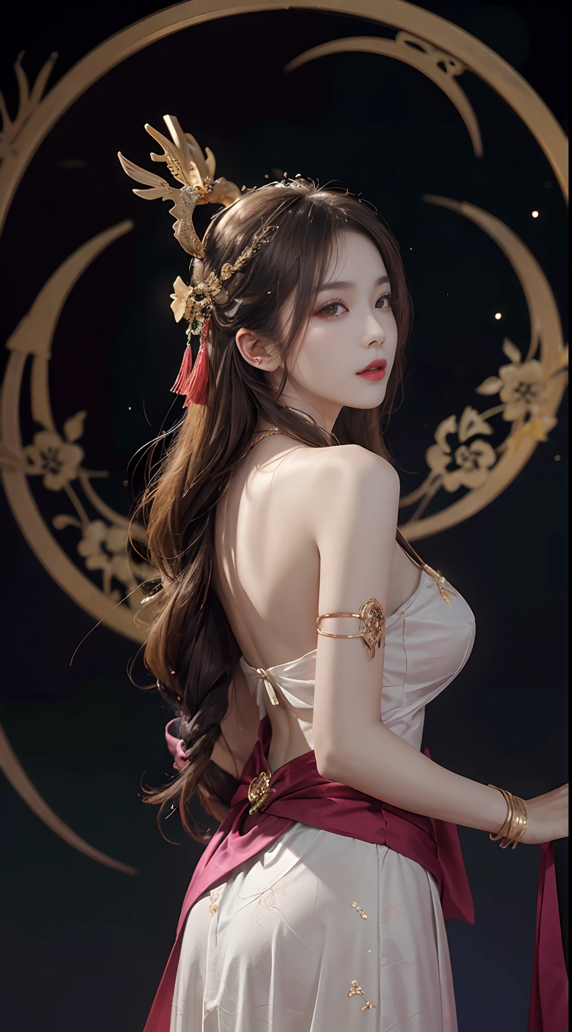 1 27-year-old girl,1 zodiac goddess from the future,goddess of the pink and purple 12 zodiacs,Huang Dai's zodiac goddess,Zodiac Odie with lots of black lace details,Mythical zodiac goddess from the future,chineseZodiac,豪华闪闪发光的chineseZodiac♏风格,Dark and mysterious version, zodiac crown,lipstick lips red,thin and beautiful lips,Smiles make viewers fall in love,characters made by karol bak and pino daeni,Complicated details,detailed back ground,extremely detaile,Light magic,A woman who is,Clear face,Look at the face of the goddess of the zodiac,longhairwithbangs,Beautiful facial details and well-proportioned eyes, (transparent yellow eyes:1.8),big round eyes and very beautiful and detailed makeup,Visionary,Silk dress,Bare chest,cleavage,huge tit,The skirt is split at the waist,show legs,Mysterious makeup,double bangs and dyed light blonde,Upper body,Zodiac goddess upper body,arms hanging loosely, Realistic and vivid photo,(stars make up the zodiac:1.7),(Sky background zodiac signs and imaginary space-time portal:1.8),fiction art,RAW photos, hanfu picture,best photos,Best photo quality,8K quality,8K Ultra,Ultra photo realsisim,real photo most economical,Artistic portrait of the zodiac of the goddess,Above the legs,((Frontal photo)),Frontal view