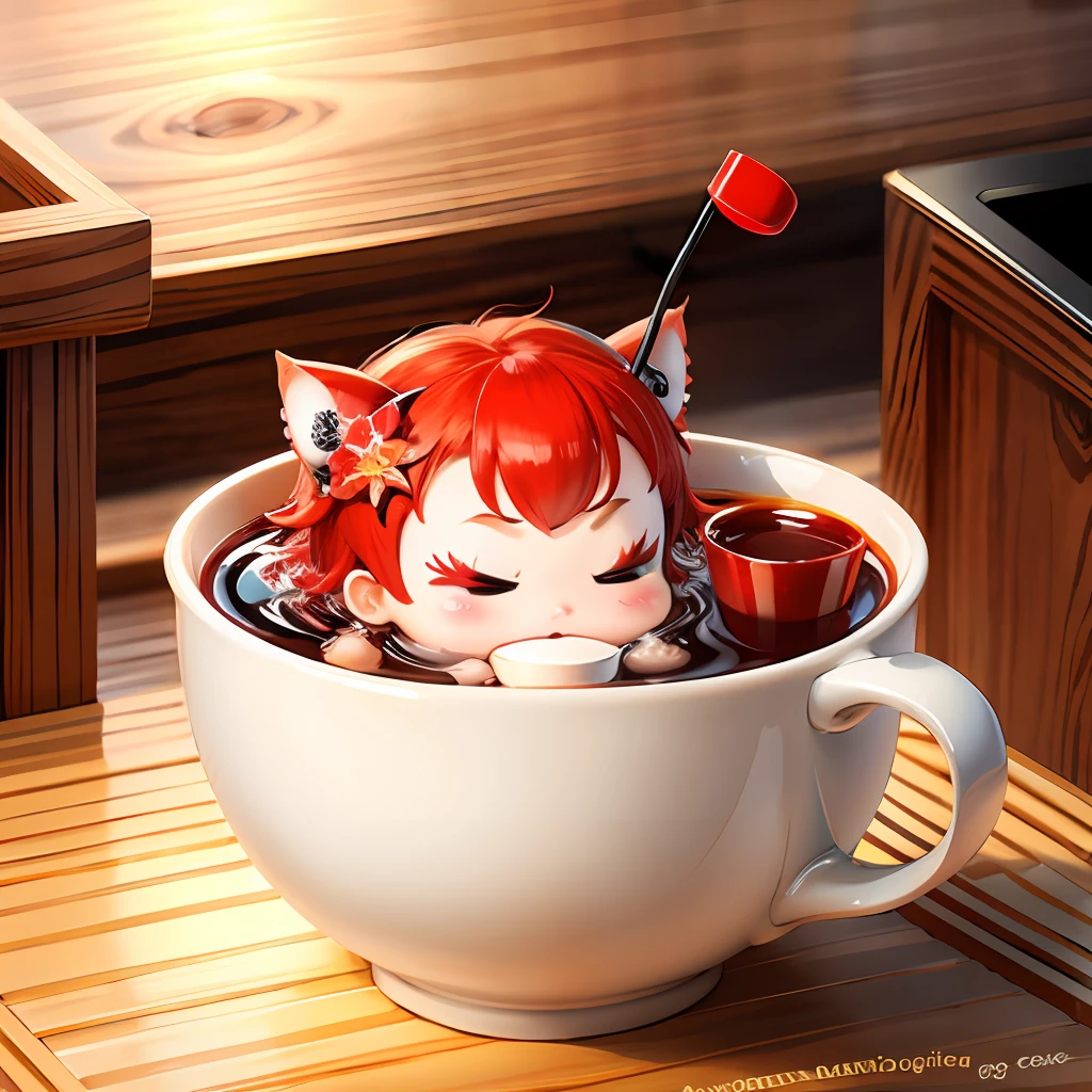 Cute chibi anime in a cup, wear red kimono, drink tea, logo