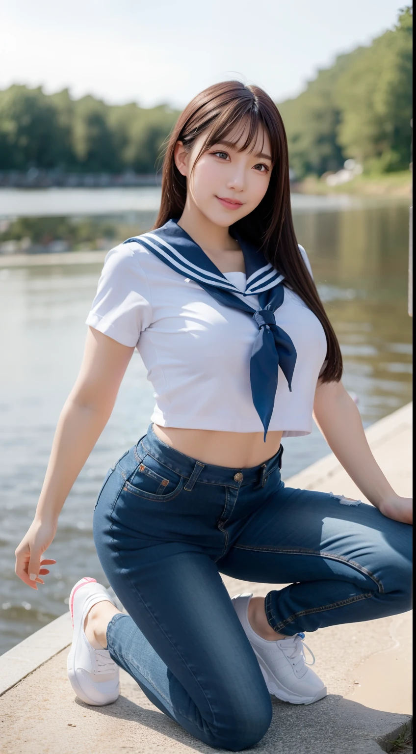 a pregirl，horse tailed，Large breasts, ssmile, looking at viewert, sailor uniformm,skintight jeans, athletic sneakers，photore, realisticlying, Best quality at best, employee, 详细的脸, Kneel in the river, diffuselighting, depth of fields, Background bokeh