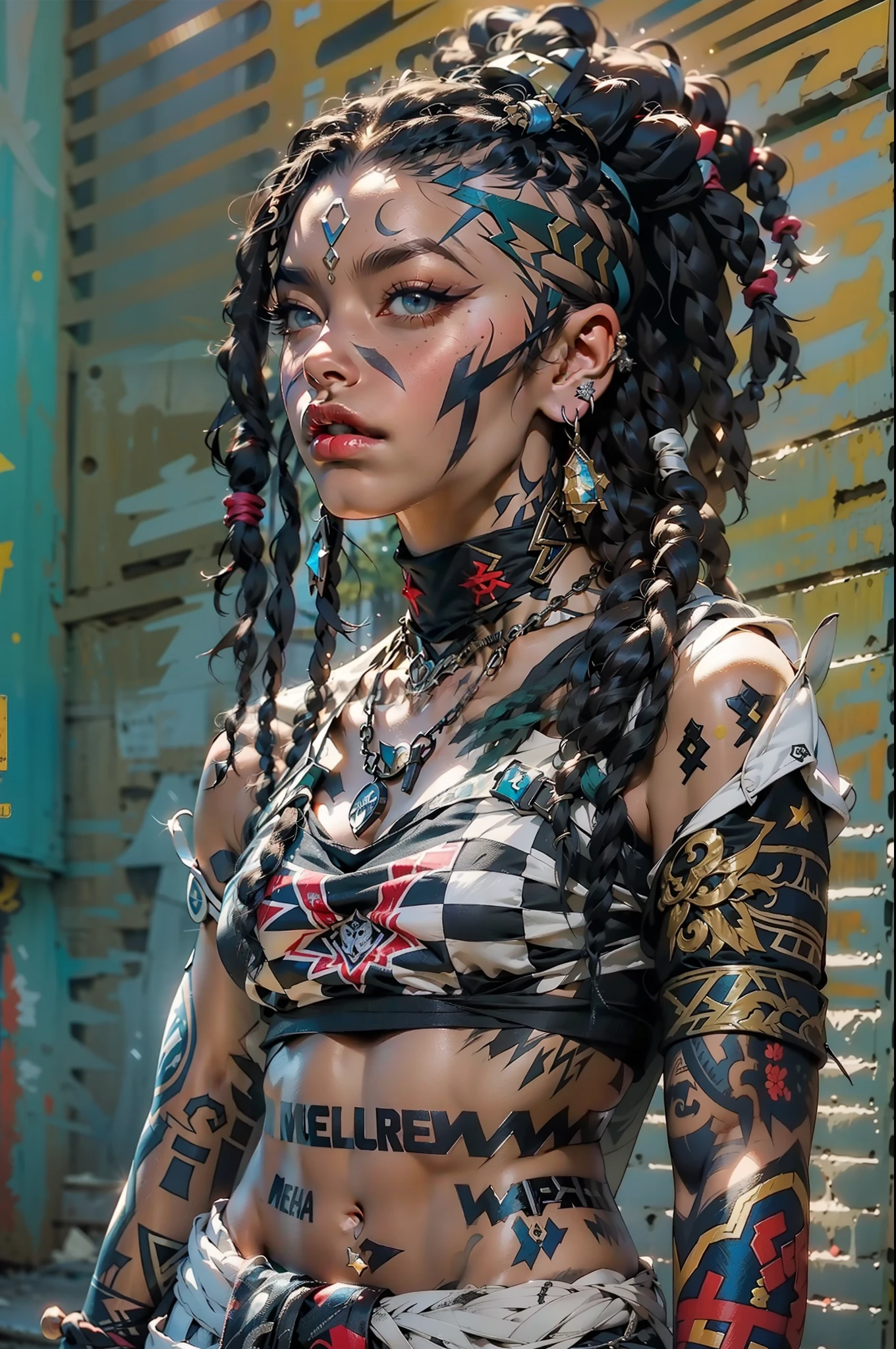 (((mulher))), (((melhor qualidade))), (((obra prima))), (((adulto))), ((( hood ))), Uma guerreira rapper mulher negra com cabelos brancos e com corpo perfeito, Gladiadores do Brooklyn, (( dreadlocks )), ((( Capuz azul com estrelas ))), com as garras do Wolverine, quase nua no estilo selvagem urbano de Simon Bisley para a capa da revista Heavy Metal, cabelo verde, Minimum clothing, red and white checkerboard pattern, armadura, cheio de pontas e rebites, tatuagem tribal, (((do joelho pra cima))), cabelo verde desalinhado