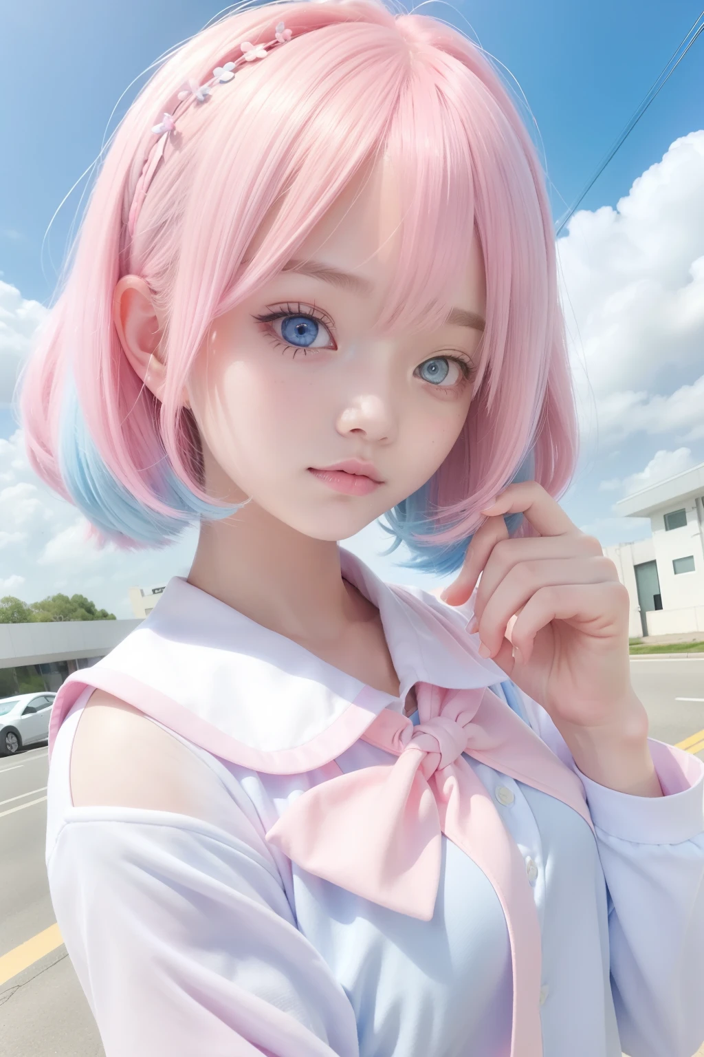 light pink colored hair,Powder-blue pupils,Wear a school uniform with a combination of pink and blue,Milky ,super beautifulgirl