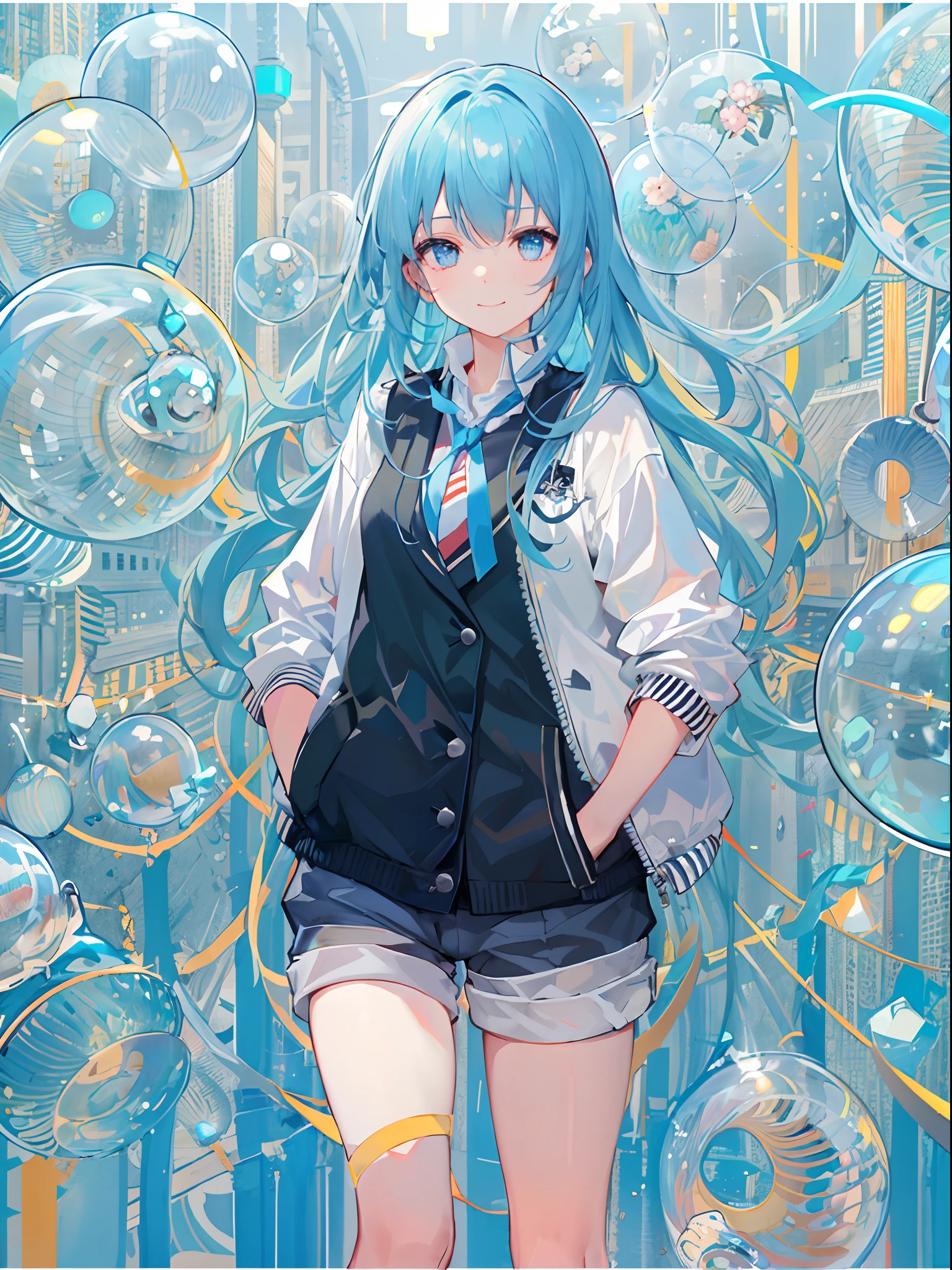 ((top-quality)), ((masterpiece)), ((ultra-detailliert)), (extremely delicate and beautiful), girl with, 独奏, cold attitude,((Black jacket)),She is very(relax)with the(Settled down)Looks,A dark-haired, depth of fields,evil smile,Bubble, under the water, Air bubble,bright light blue eyes,Inner color with light blue hair and dark blue tips,Cold background,Bob Hair - Linear Art, shortpants、knee high socks、White uniform like school uniform、Light blue ribbon ties、Clothes are sheer、Hands in pockets