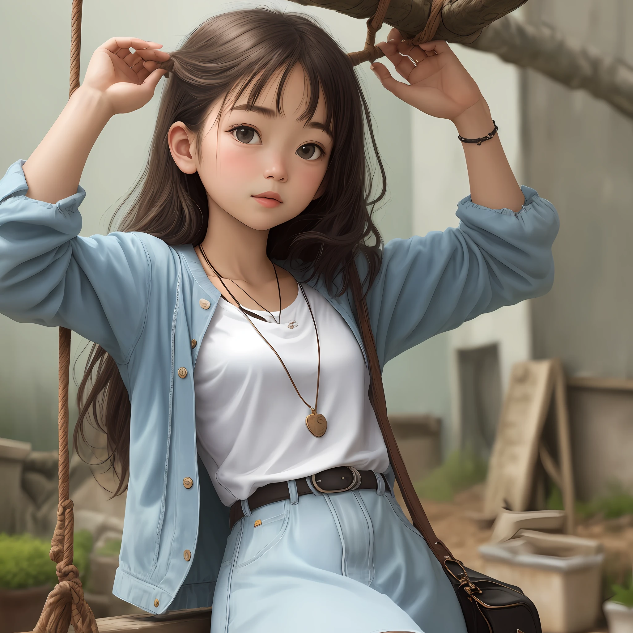 A close up of a woman sitting on a swing with a purse - SeaArt AI