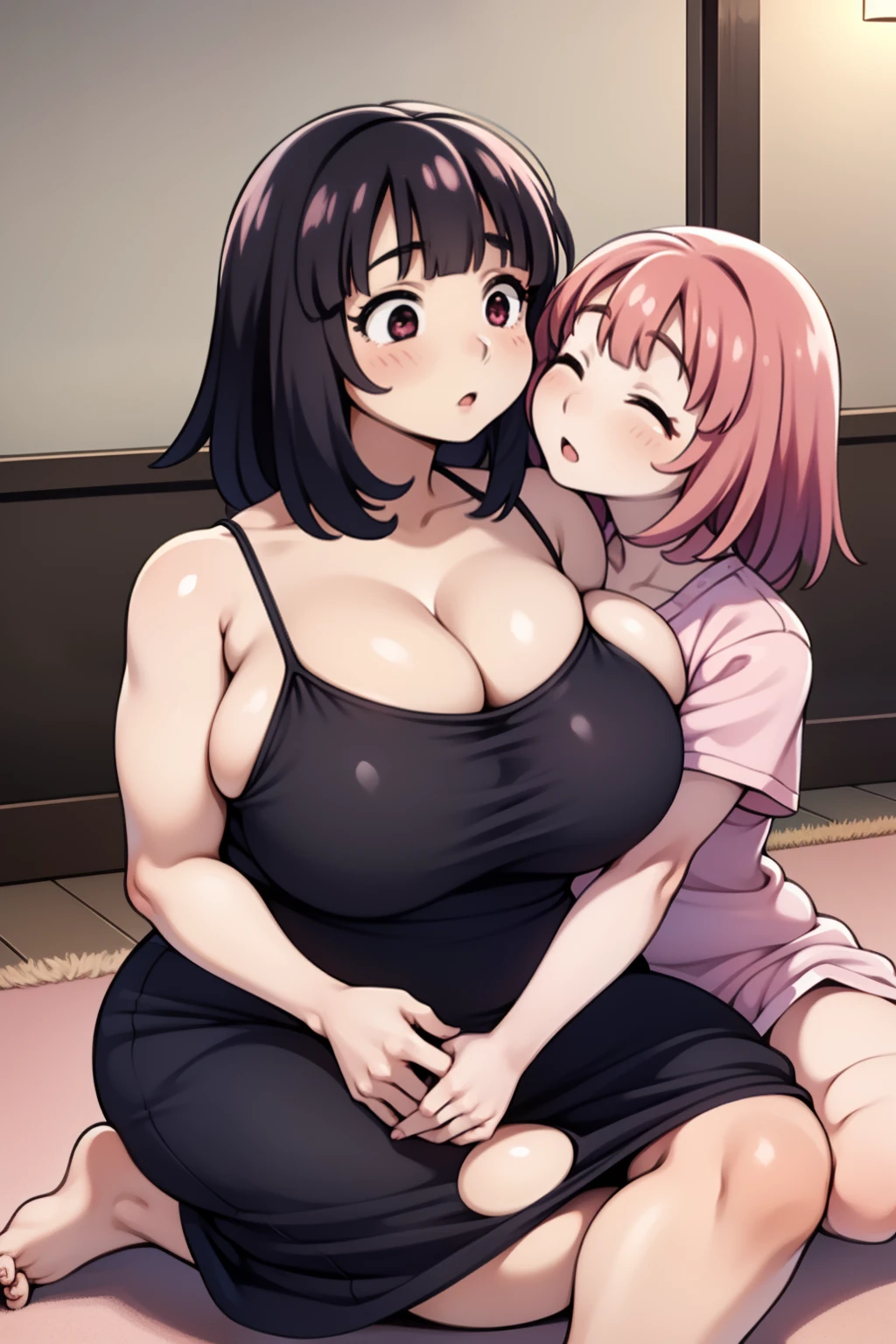 2girls,girl1:bbw、adolable,Black hair,Bob-cut hair,rcasual,Sitting on floor、Kisses and hugs、stare、NOWAI、Girl 2:adolable,A pink-haired,Long grey hair,rcasual。Kisses and hugs、stare、Sitting on floor、NOWAI