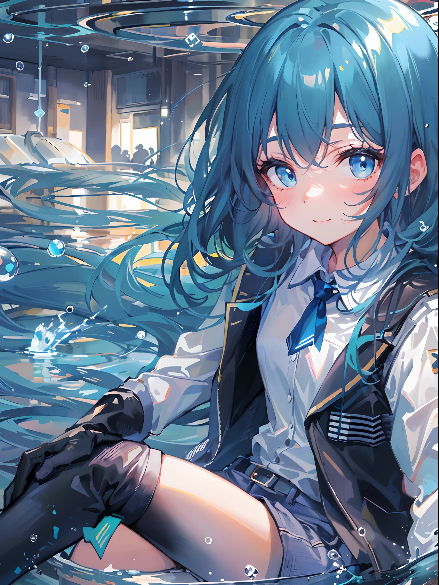 ((top-quality)), ((masterpiece)), ((ultra-detailliert)), (extremely delicate and beautiful), girl with, 独奏, cold attitude,((Black jacket)),She is very(relax)with the(Settled down)Looks,A dark-haired, depth of fields,evil smile,Bubble, under the water, Air bubble,bright light blue eyes,Inner color with light blue hair and dark blue tips,Cold background,Bob Hair - Linear Art, shortpants、knee high socks、White uniform like school uniform、Light blue ribbon ties、Clothes are sheer、Hands in pockets