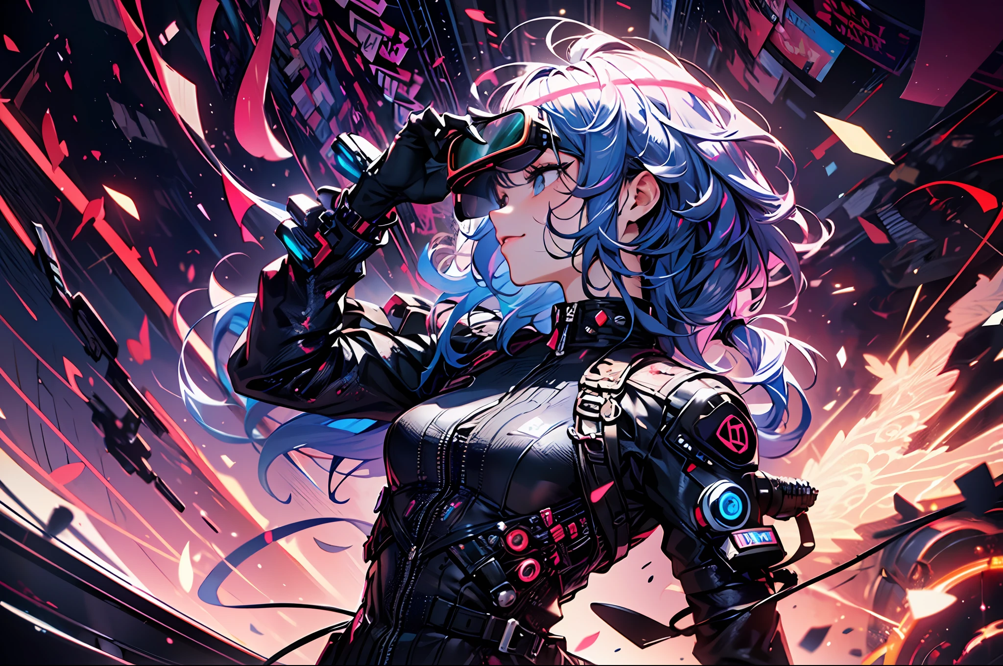 (cyberpunk),optical camouflage、virtual reality glasses、Neon light、cidade do futuro、catsuit、(1girl em, sozinho:1.6),(sorriso bonito),(The clothes are simple), (Melhor Impacto:1.5), (maximalismo:1.7), Vivid contrast, (Realistic), Hyperrealistic illustrations, alta resolução, ultra-detalhada, absurdos,(Arte Fractal:1.3)、Hairstyle Random、Random colored hair color、TIRO DE CORPO INTEIRO、retro、foco preciso、randome pose、cinema4d、Drama
