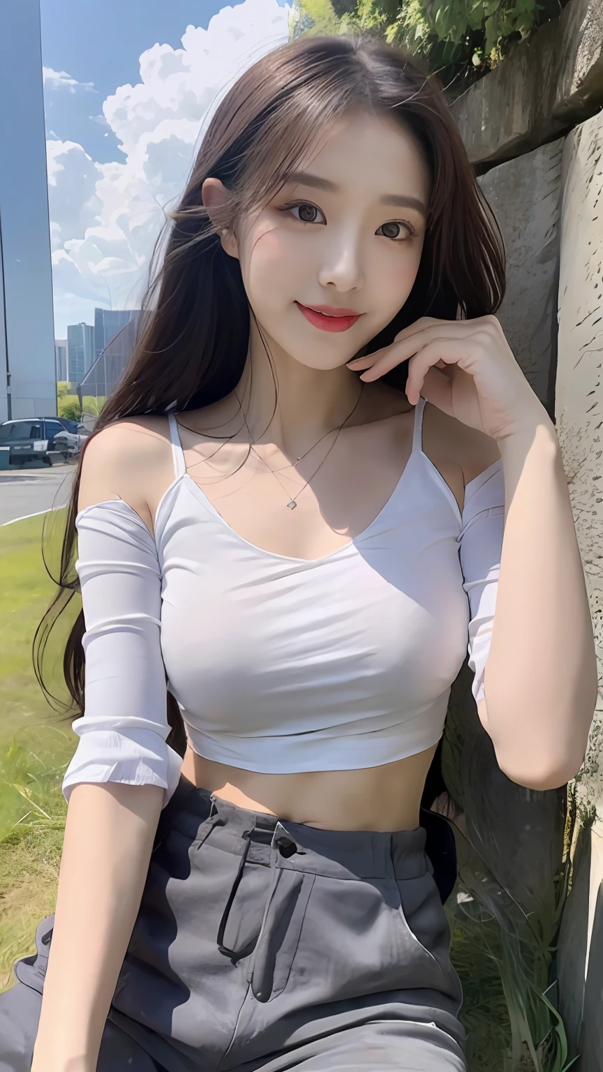 ((best qualtiy, 8K, tmasterpiece:1.3)), A pretty maiden，Pure，Melon seed face，gentle and cute，A sweet smile，Pure desire，Thin stature，(frontage)，(Tilt your head)，staring right into camera，Light gray top，(sweat shorts)，The shirt，Open navel，Short-sleeved，Yoga pants for，Light white top，Black silky long, Straight hair，Long hair flowing over the shoulders，round black big eyes，Clear big eyes，Hydrated red lips，Sweet，sitted，with blue sky and white clouds，grassy fields，Buildings，