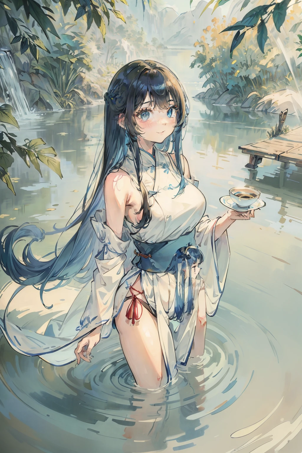 tmasterpiece，best qualtiy，offcial art，8k wallpaper，Very detailed，illustratio，1个Giant Breast Girl，sky-bluehair，long whitr hair，Detailed eyes，Forrest gump，exposed bare shoulders，Hanfu，lakes，Purity，softl smile，bamboos，Tea masterpiece，best qualtiy，offcial art，8k wallpaper，Very detailed，illustratio，1.a girl，sky-bluehair，long whitr hair，Detailed eyes，Forrest gump，exposed bare shoulders，Hanfu，lakes，Purity，softl smile，bamboos，teas