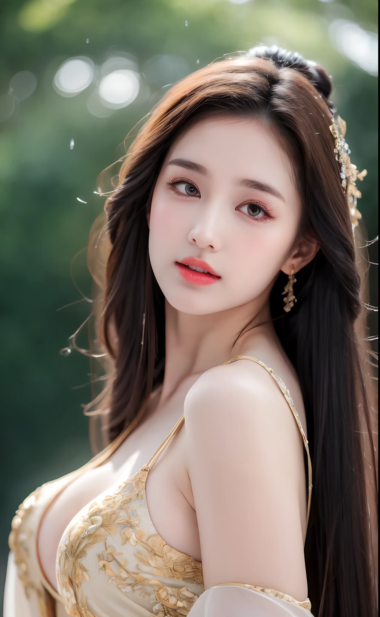 ((Best Quality, 8k, Masterpiece: 1.3)), Focus: 1.2, Perfect Body Beauty: 1.4, Buttocks: 1.2, ((Layered Haircut)), (Wet Clothes: 1.1), (Rain, Street:1.3), (Breasts: 1.2), (Hanfu: 1.2), Bare Shoulders, Bare Legs, Highly Detailed Face and Skin Texture, Fine Eyes, Double Eyelids, Whitened Skin, Long Hair, (Shut Up: 1.5), (Bokeh Background: 1.5), Big Breasts