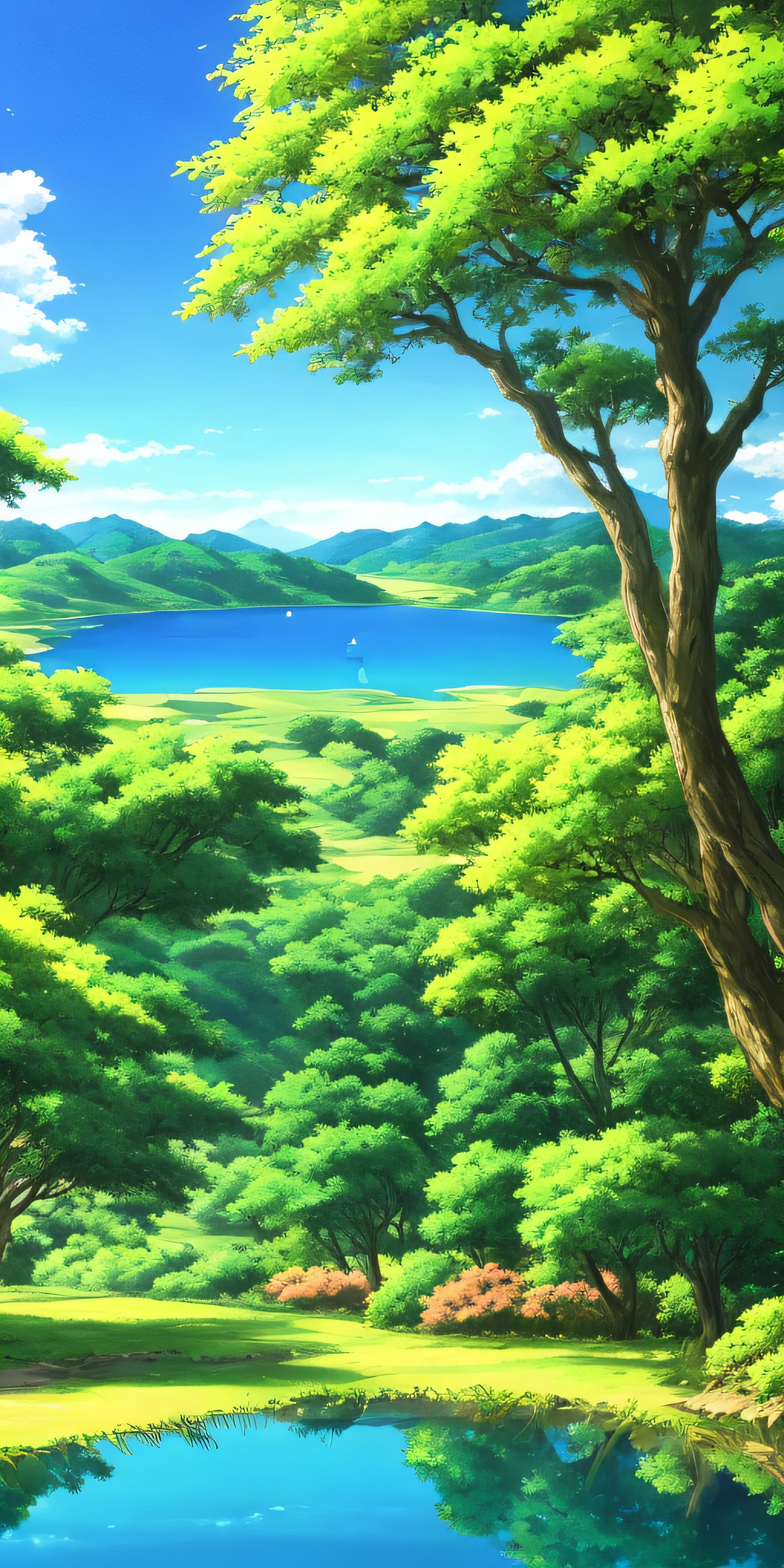 Anime landscape with a tree and a lake in the foreground, arte de fundo do anime, natureza anime, papel de parede de paisagem anime, scenery art detailed, fantasy tree, Anime Art Wallpaper 4K, Anime Art Wallpaper 4K, scenery artwork, Anime natureza Wallpap, Anime Art Wallpaper 8K, magic tree, Arte bonita UHD 4K, Fundo do anime, Paisagem do anime, paisagem campestre anime